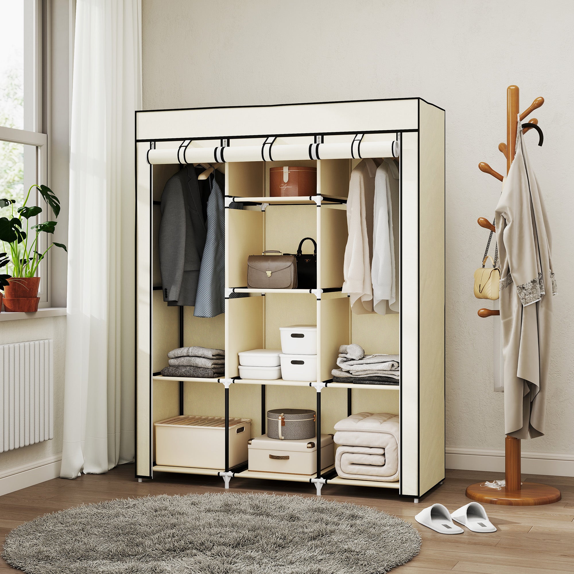 Roupeiro de Tecido Dobrável Armário Portátil 125x43x162,5cm - Creme Branco
