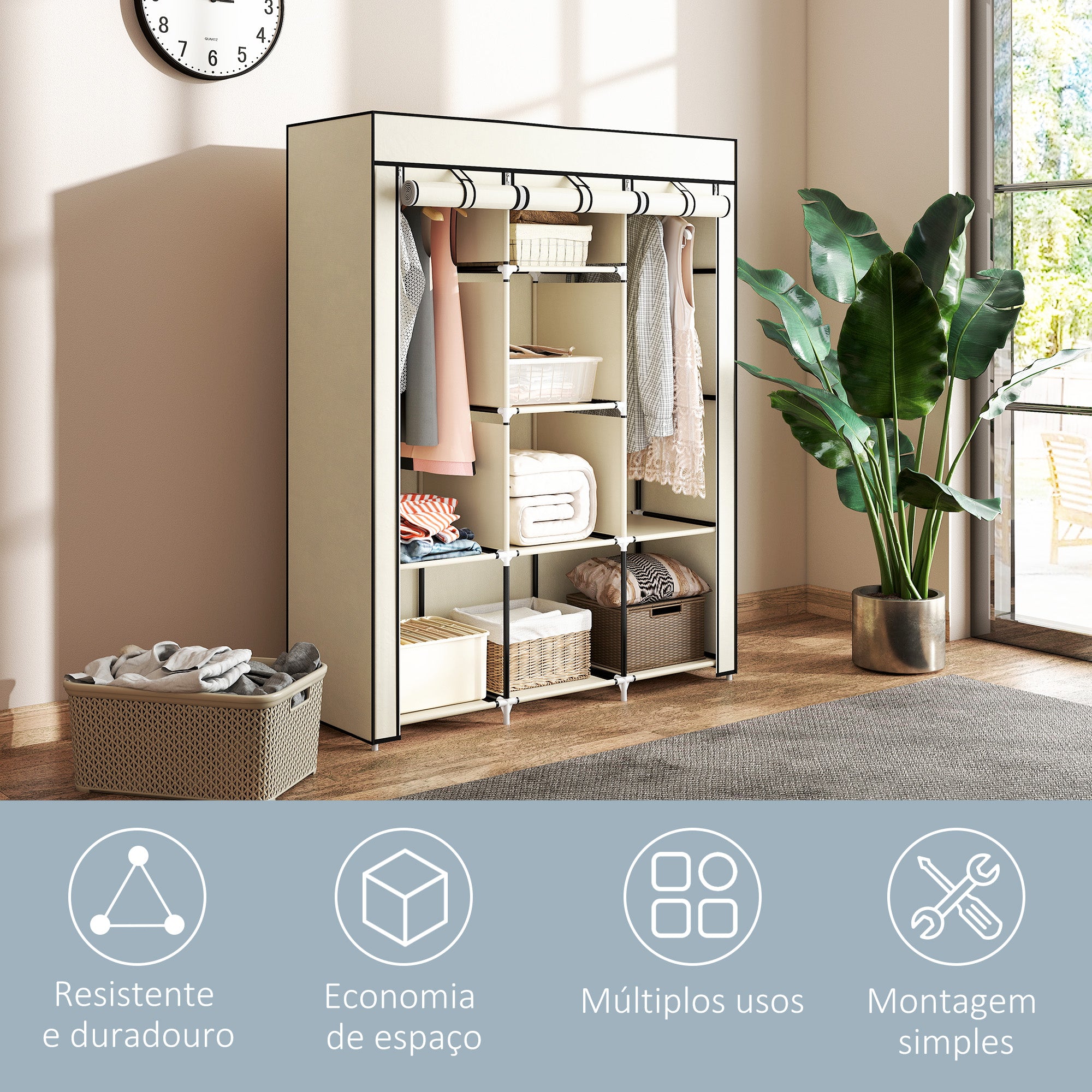 Roupeiro de Tecido Dobrável Armário Portátil 125x43x162,5cm - Creme Branco