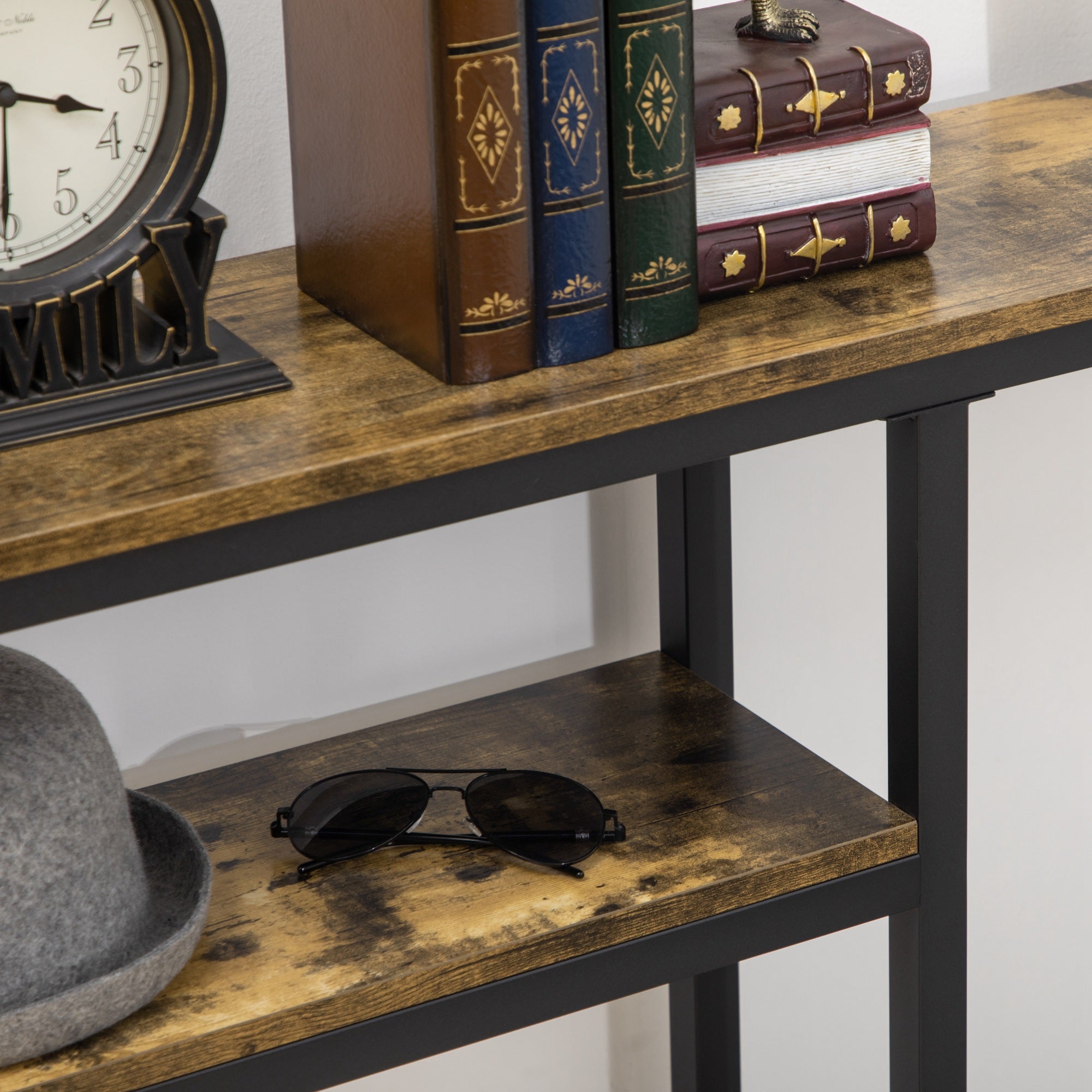 Mesa Consola Industrial com Prateleiras Abertas 120x23x75 cm - Castanho