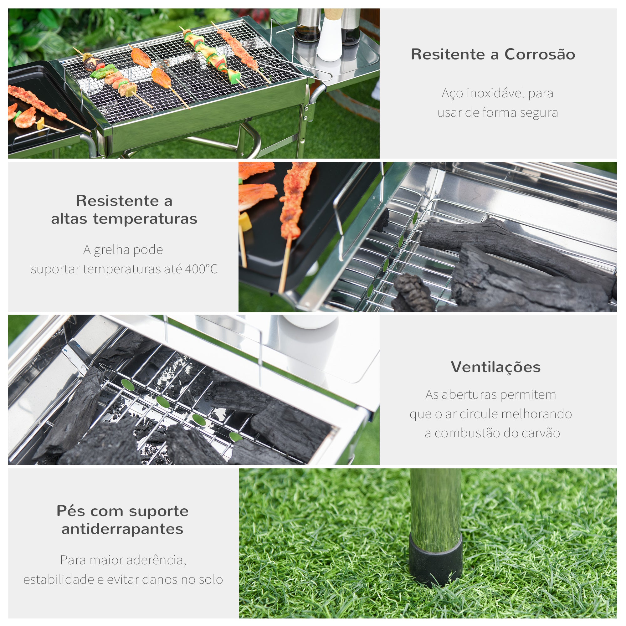 Barbecue Portátil de Aço Inoxidável Prata 104x30x68cm