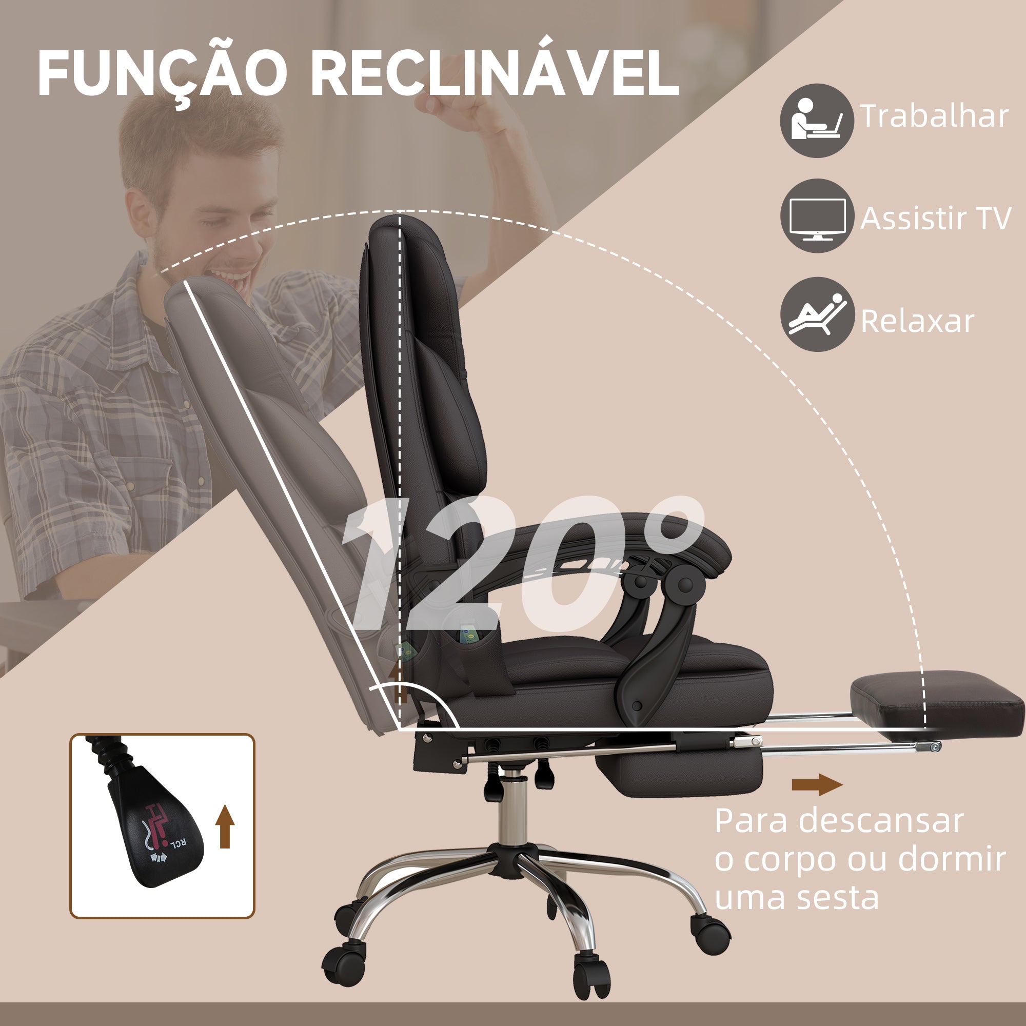Cadeira de Escritório com Massagem Vibratória – 63x57x118-126 cm – Marrom – Couro PU
