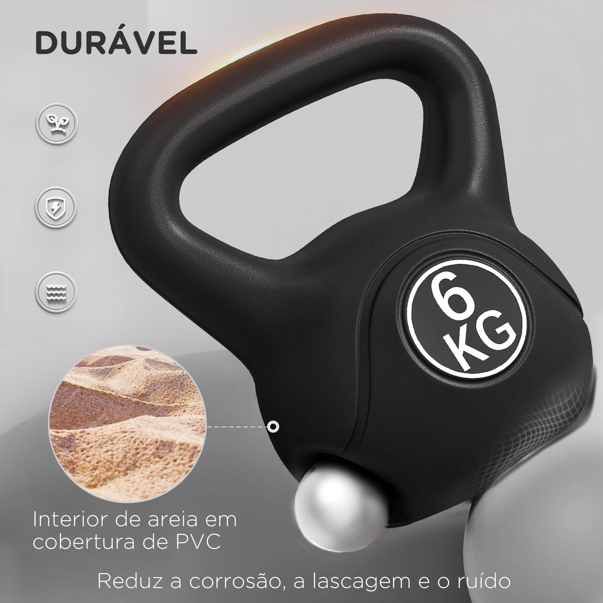 Peso Russo de 6 kg Kettlebell Fitness Preenchido de Areia 20x13x22 cm Preto