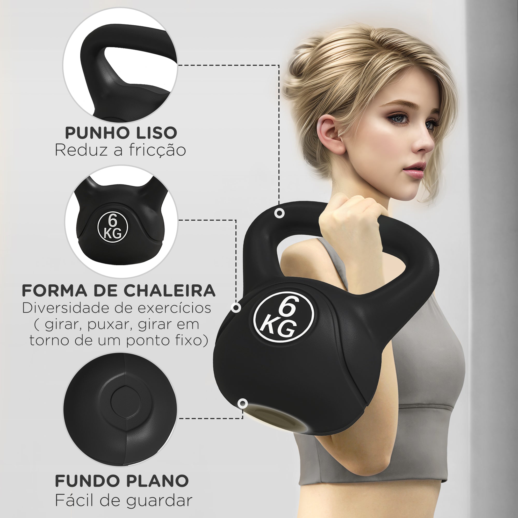 Peso Russo de 6 kg Kettlebell Fitness Preenchido de Areia 20x13x22 cm Preto