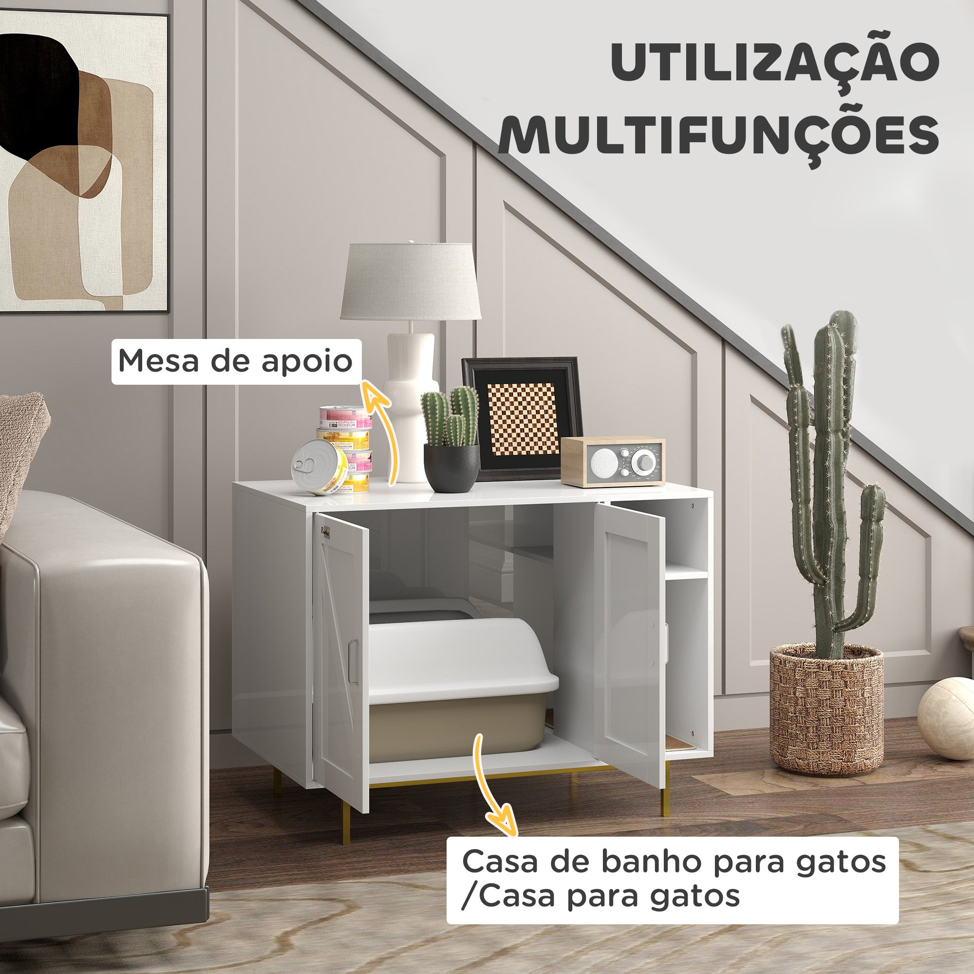 Móvel Caixa de Areia para Gatos – 80x50x61 cm – Branco – Melamina de madeira e aço