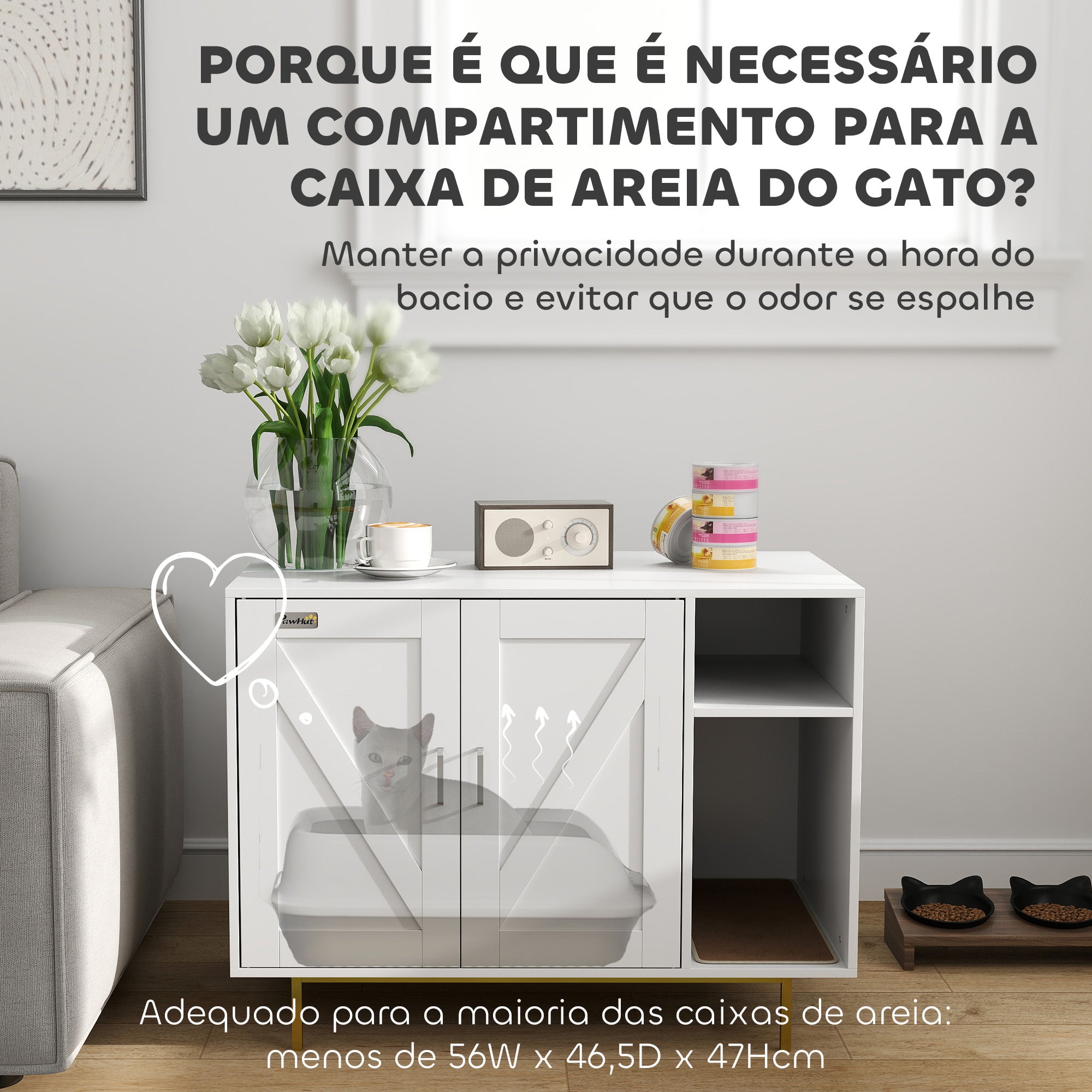 Móvel Caixa de Areia para Gatos – 80x50x61 cm – Branco – Melamina de madeira e aço