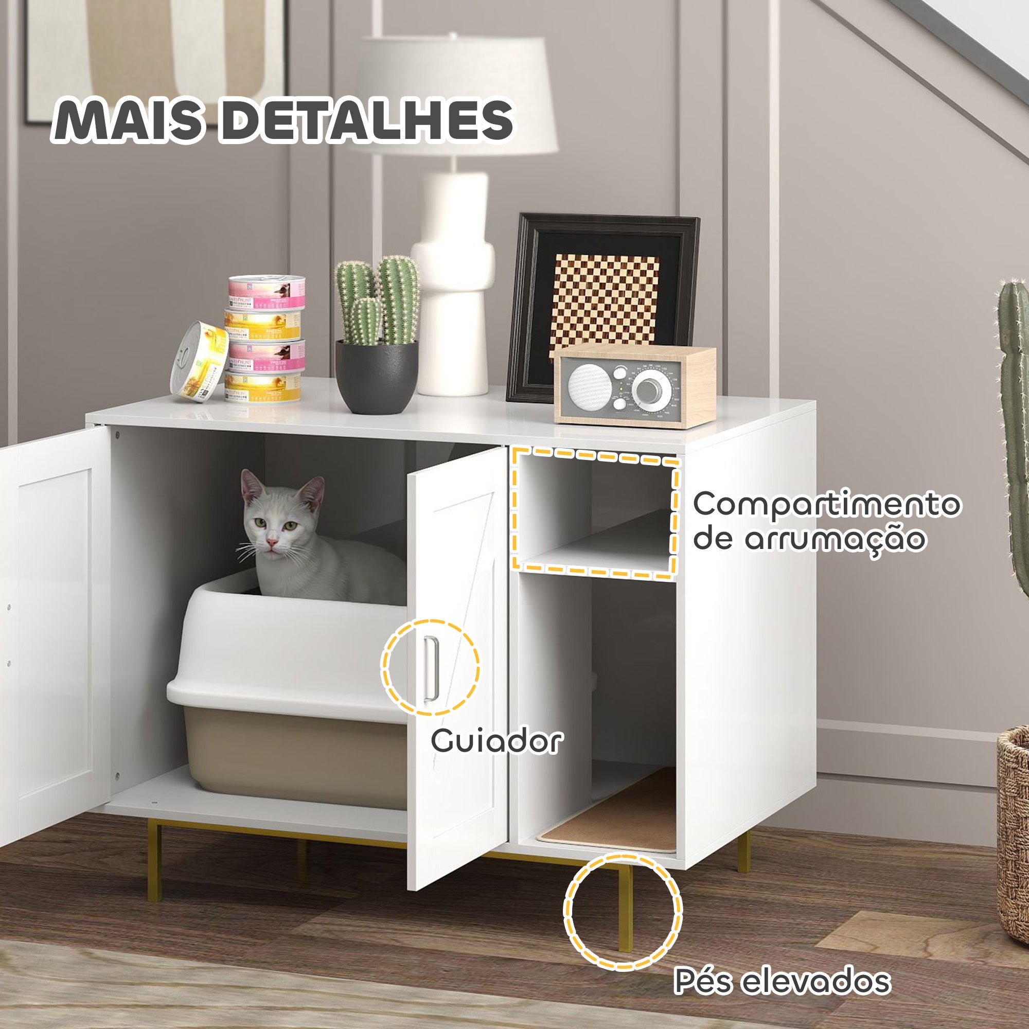 Móvel Caixa de Areia para Gatos – 80x50x61 cm – Branco – Melamina de madeira e aço