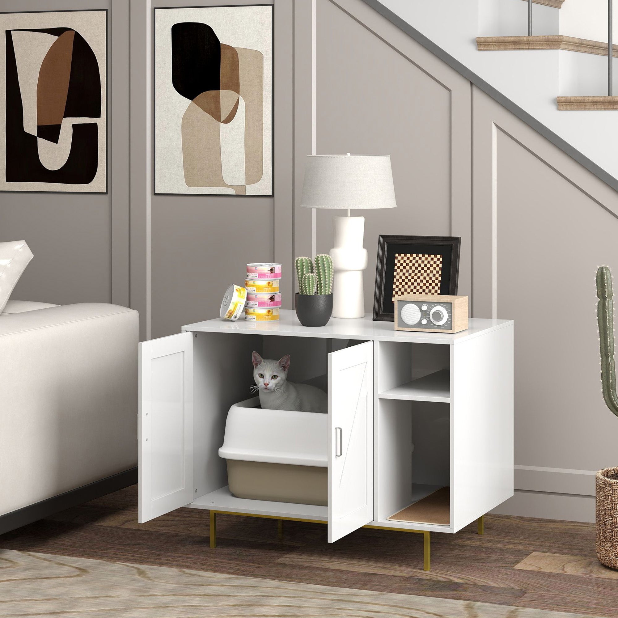 Móvel Caixa de Areia para Gatos – 80x50x61 cm – Branco – Melamina de madeira e aço