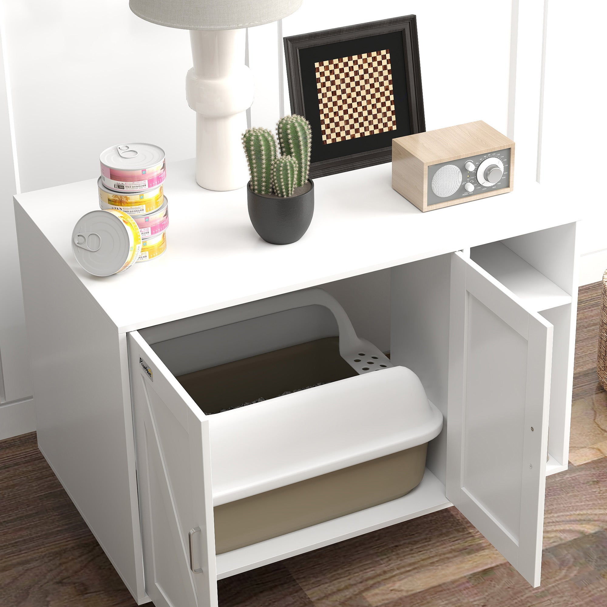 Móvel Caixa de Areia para Gatos – 80x50x61 cm – Branco – Melamina de madeira e aço