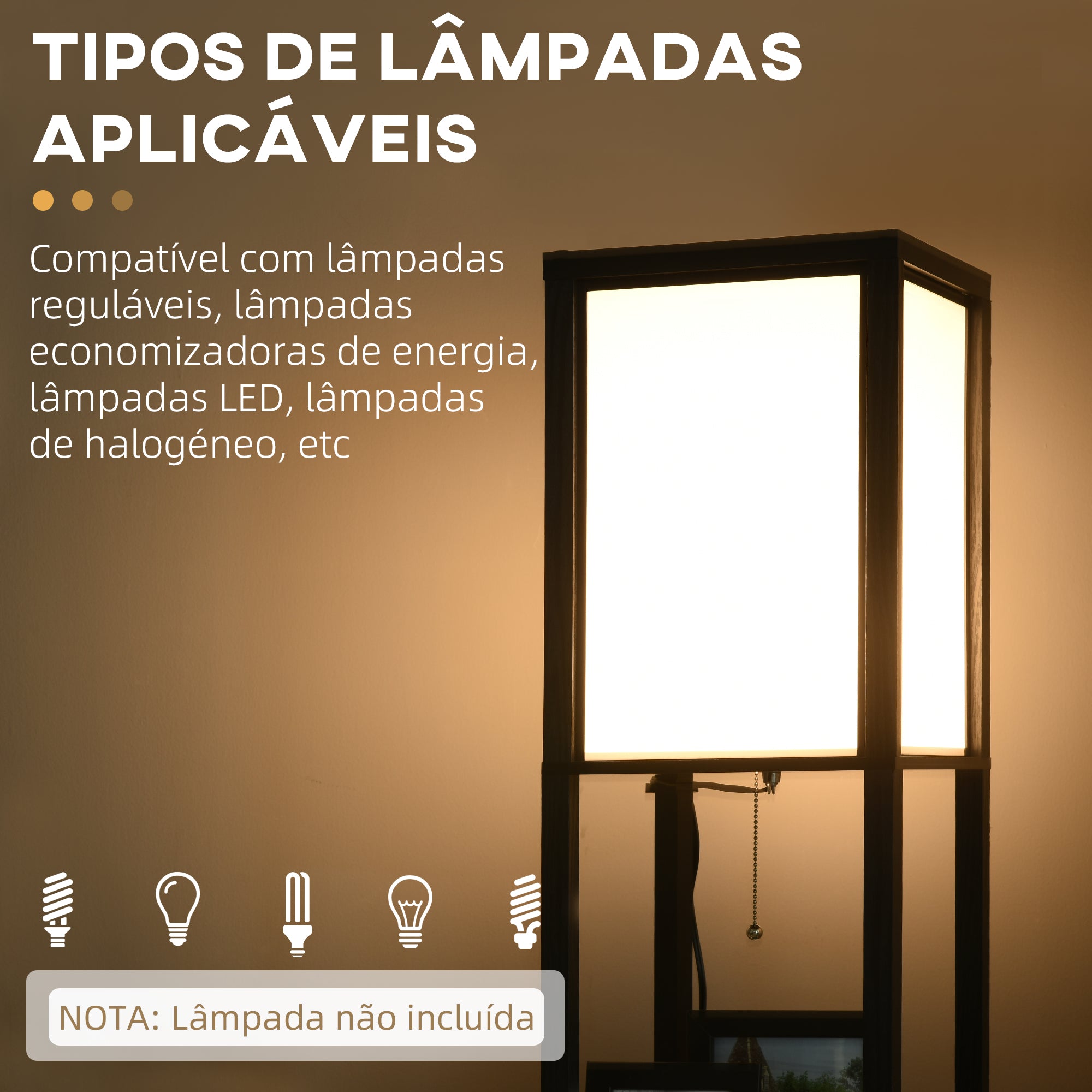 Candeeiro de Pé Moderno com Prateleira de Armazenamento – 26x26x156 cm – Branco e Preto – MDF, Plástico e Tecido TC