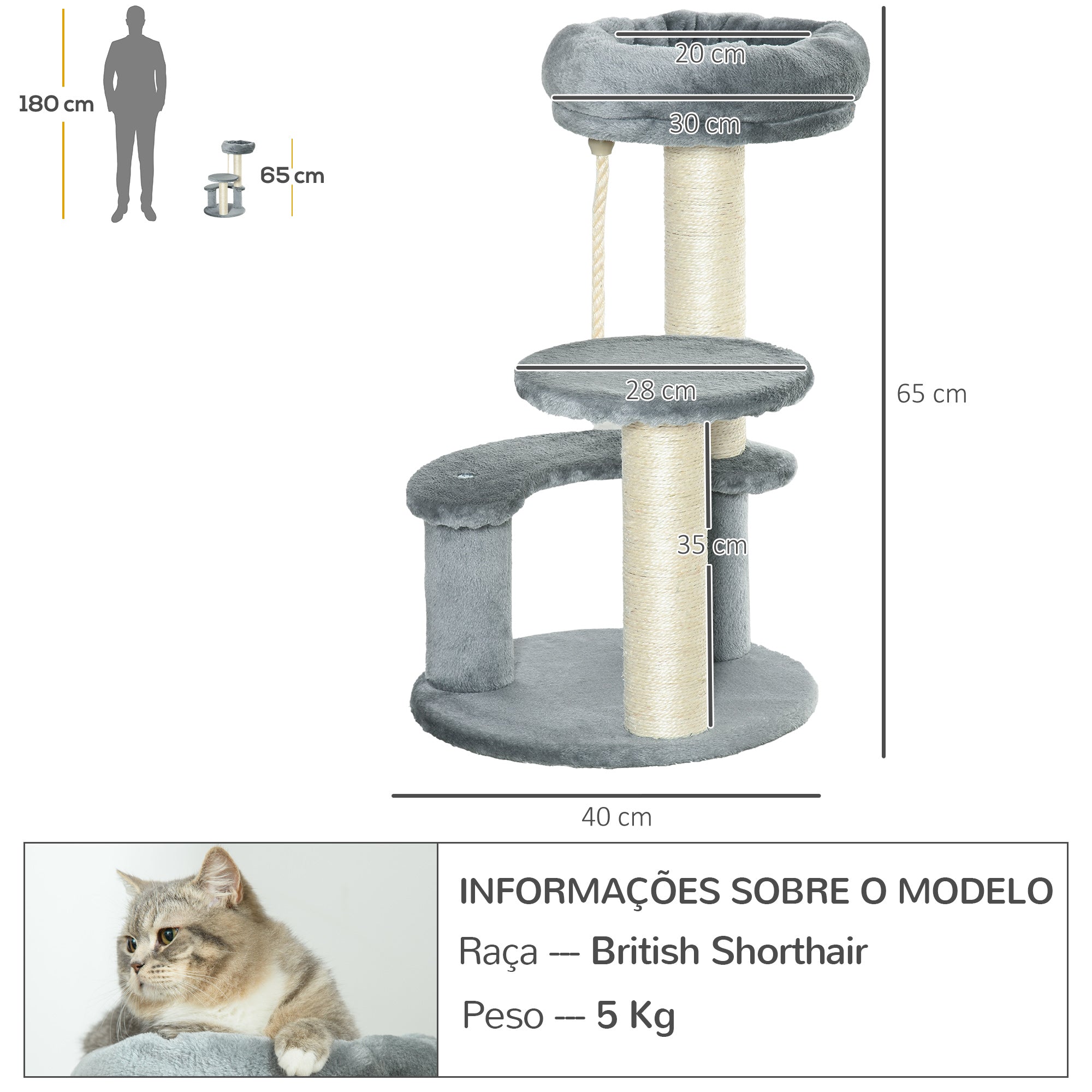 Arranhador para Gatos – Ø40x65 cm – Cinzento – Aglomerado de madeira