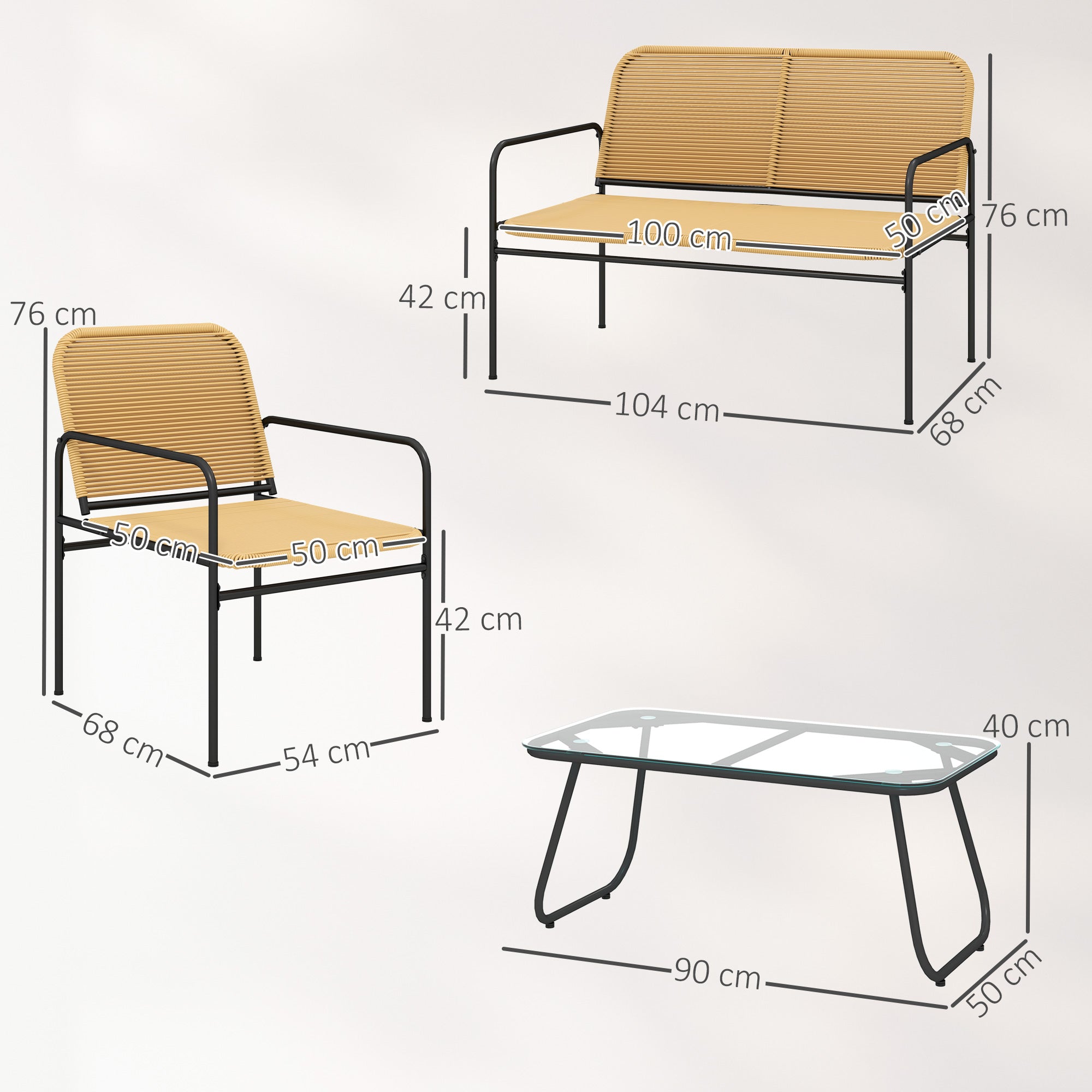 Conjunto de Jardim em Vime 4 Peças - Madeira e Preto (104x68x76 cm)