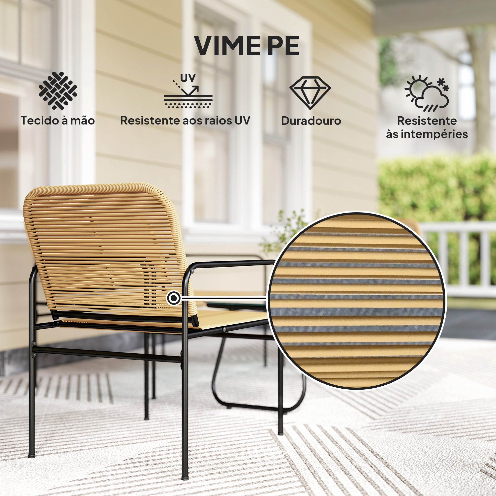 Conjunto de Jardim em Vime 4 Peças - Madeira e Preto (104x68x76 cm)