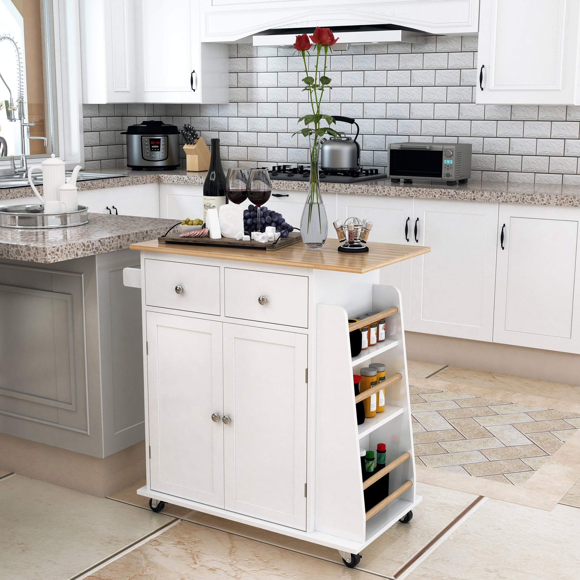 Carrinho de Cozinha Auxiliar com 2 Gavetas e Prateleiras 89x45x89 cm - Branco e Madeira Natural
