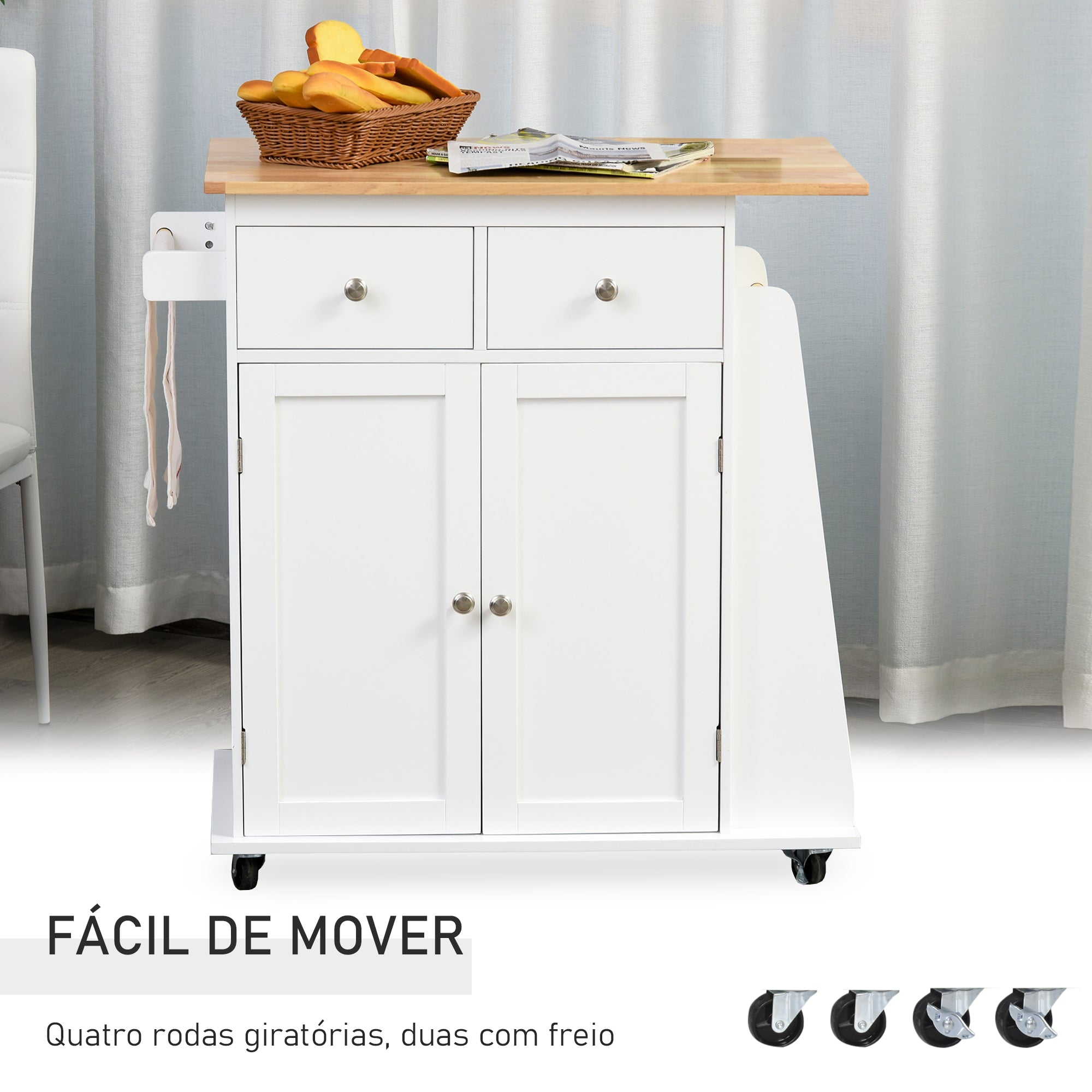 Carrinho de Cozinha Auxiliar com 2 Gavetas e Prateleiras 89x45x89 cm - Branco e Madeira Natural