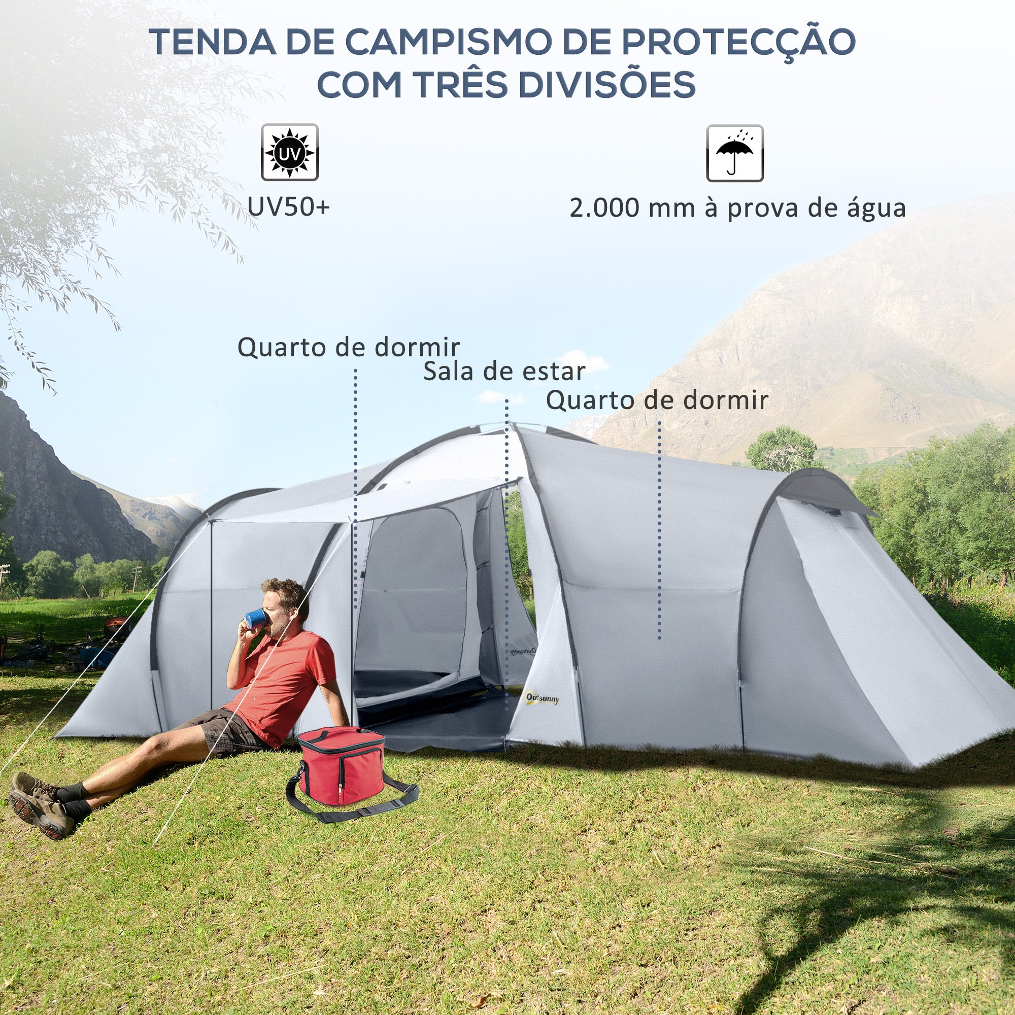 Tenda de Campismo Familiar para 4-6 Pessoas 590x245x193 cm Cinza Claro