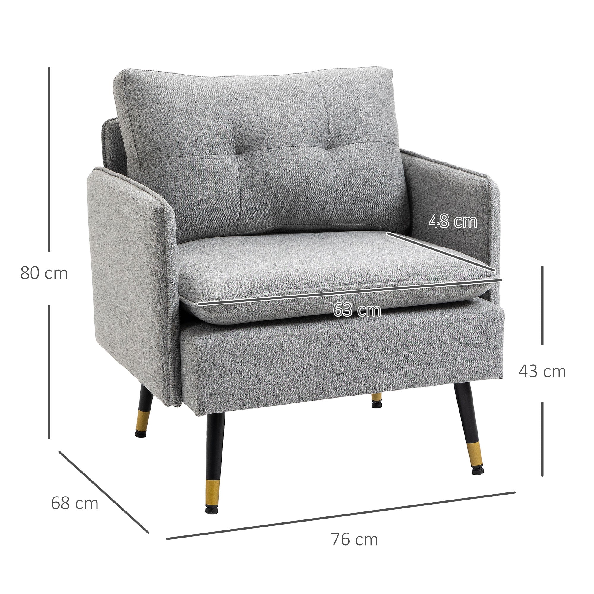 Poltrona – 76x68x80 cm – Cinza – Tecido de imitação de linho