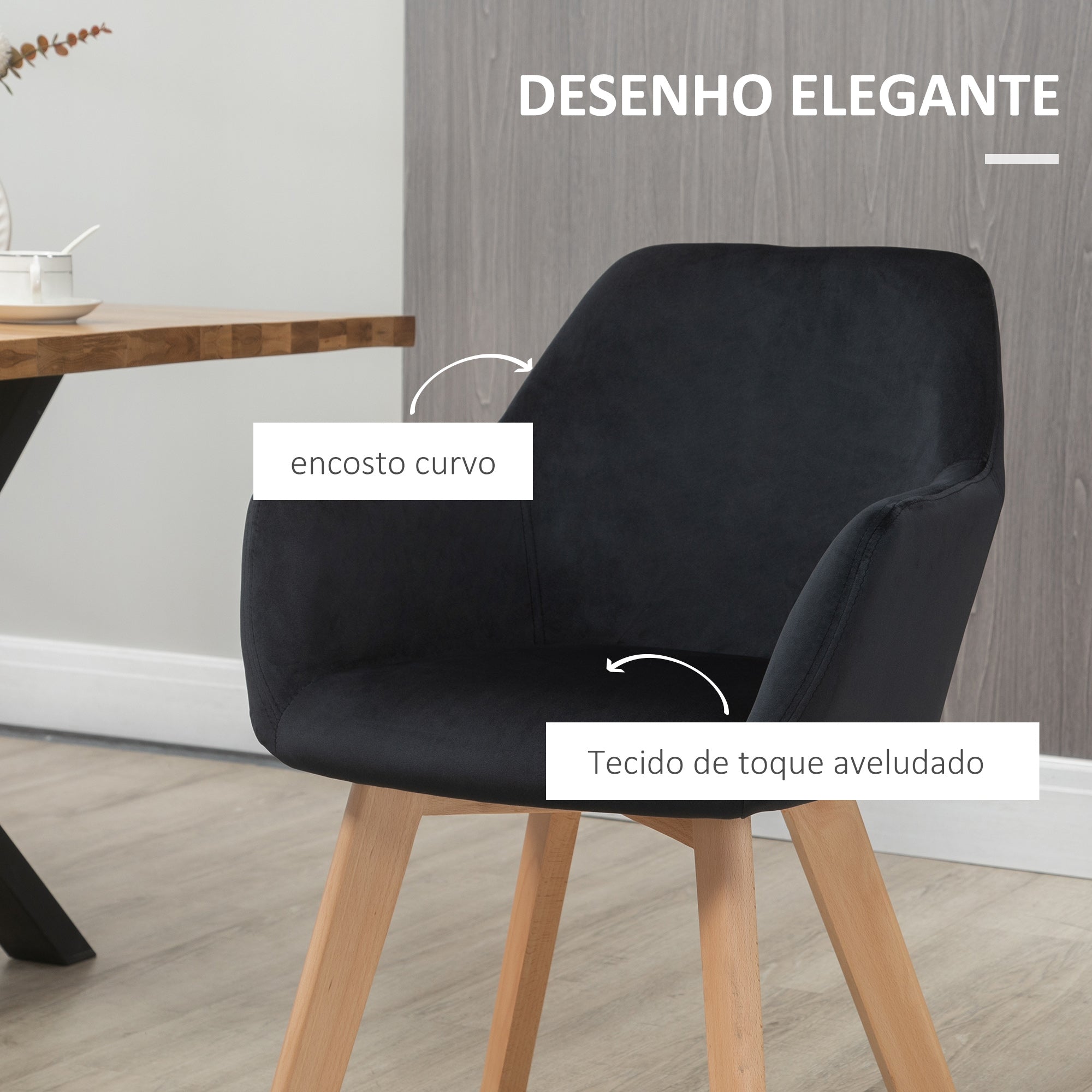 Conjunto de 2 Cadeiras de Sala de Jantar Estofadas em Veludo Preto 54x57x80cm