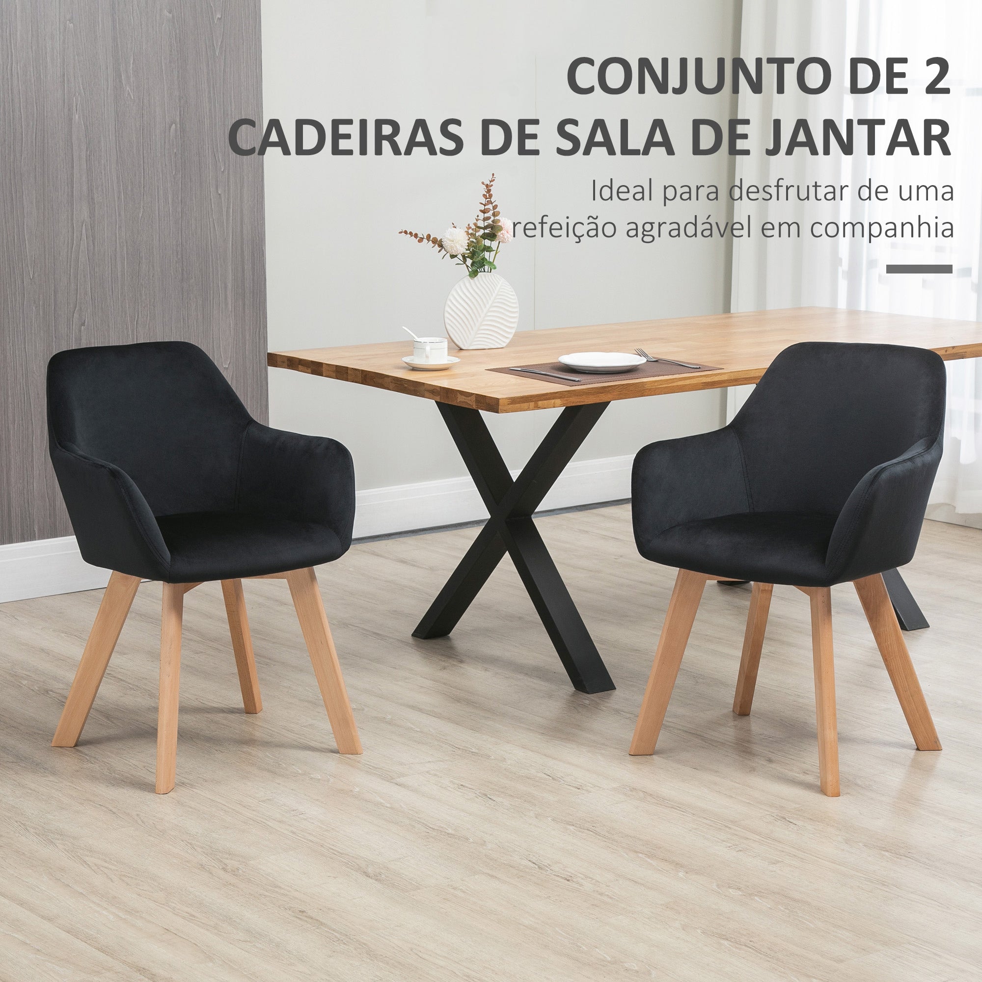 Conjunto de 2 Cadeiras de Sala de Jantar Estofadas em Veludo Preto 54x57x80cm