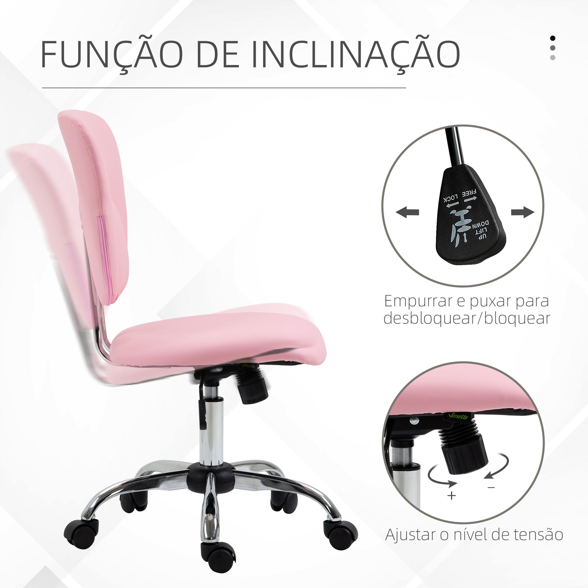 Cadeira de Escritório Giratória – 50x54x87,5-96,5 cm – Rosa – Couro PU, Espuma e Aço
