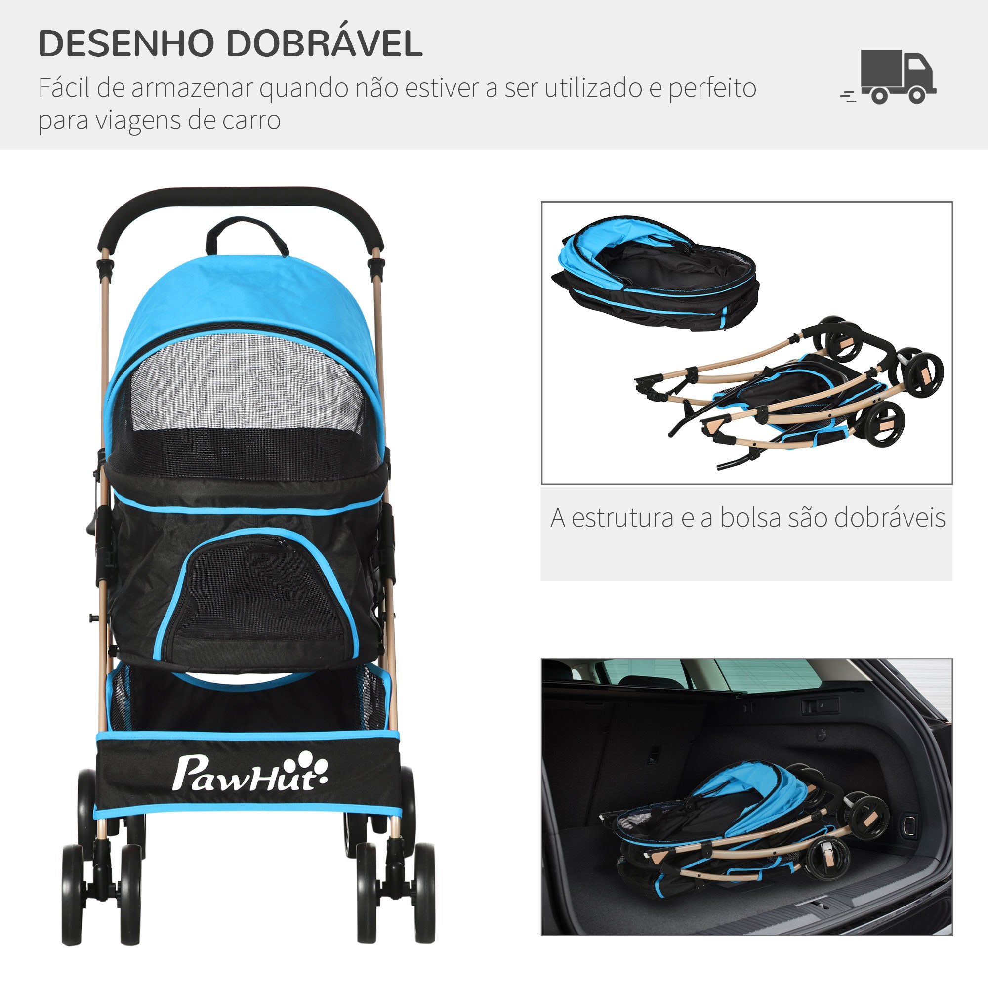 Carrinho para Animais de Estimação 3 em 1 – 82x49,5x98cm – Azul – Aço e Tecido Oxford