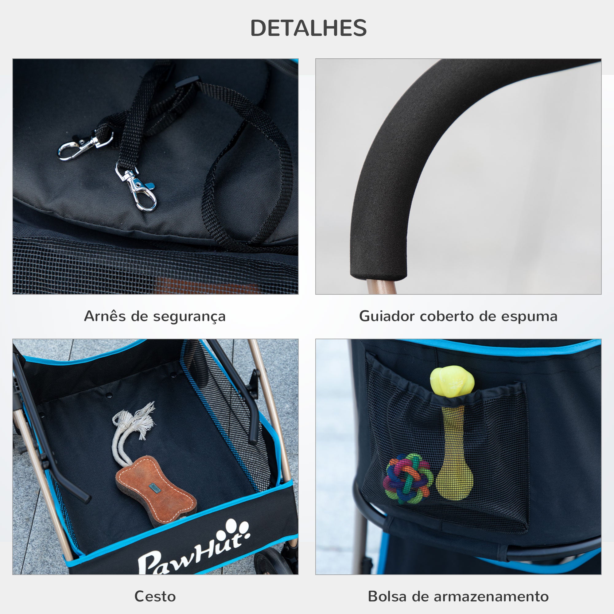 Carrinho para Animais de Estimação 3 em 1 – 82x49,5x98cm – Azul – Aço e Tecido Oxford