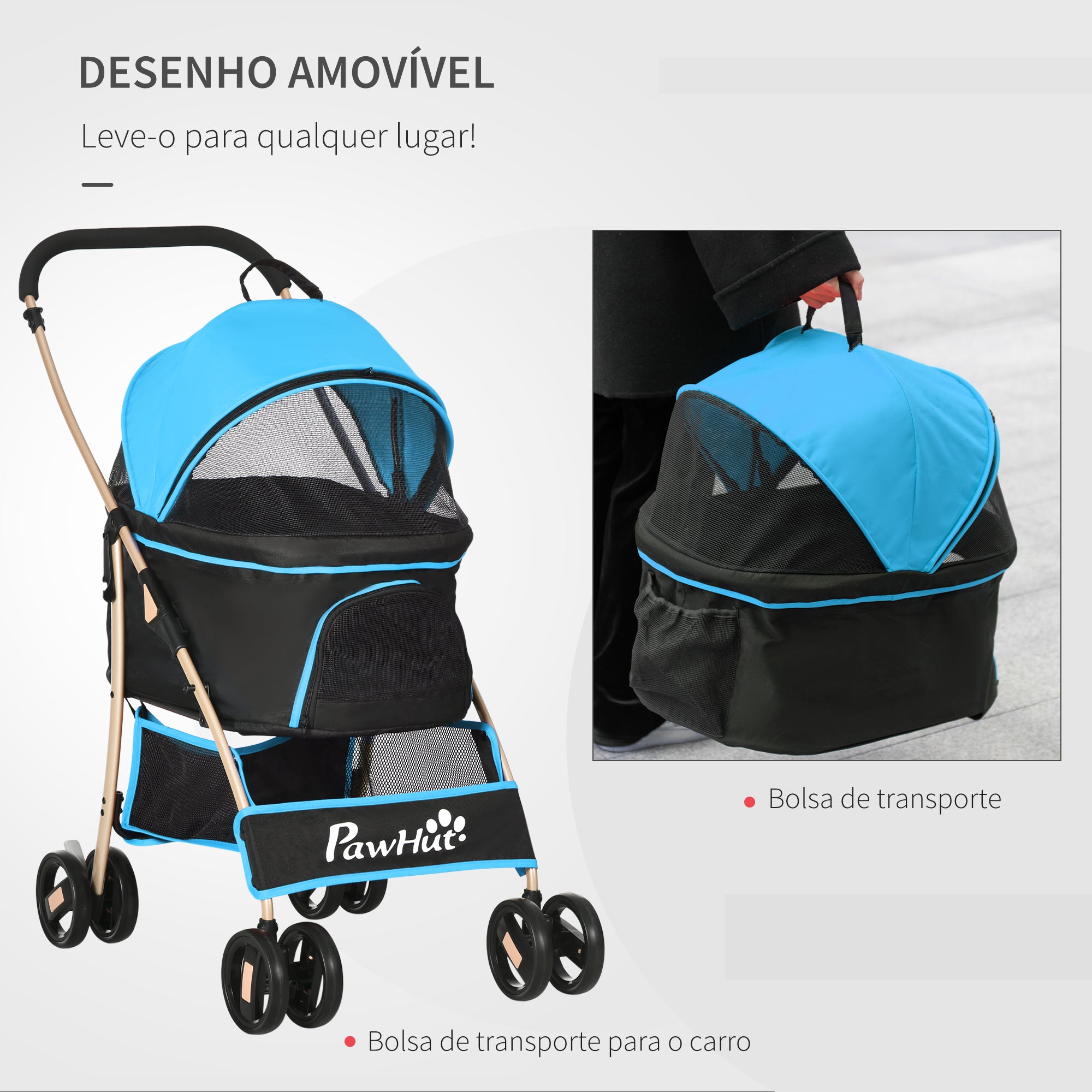 Carrinho para Animais de Estimação 3 em 1 – 82x49,5x98cm – Azul – Aço e Tecido Oxford