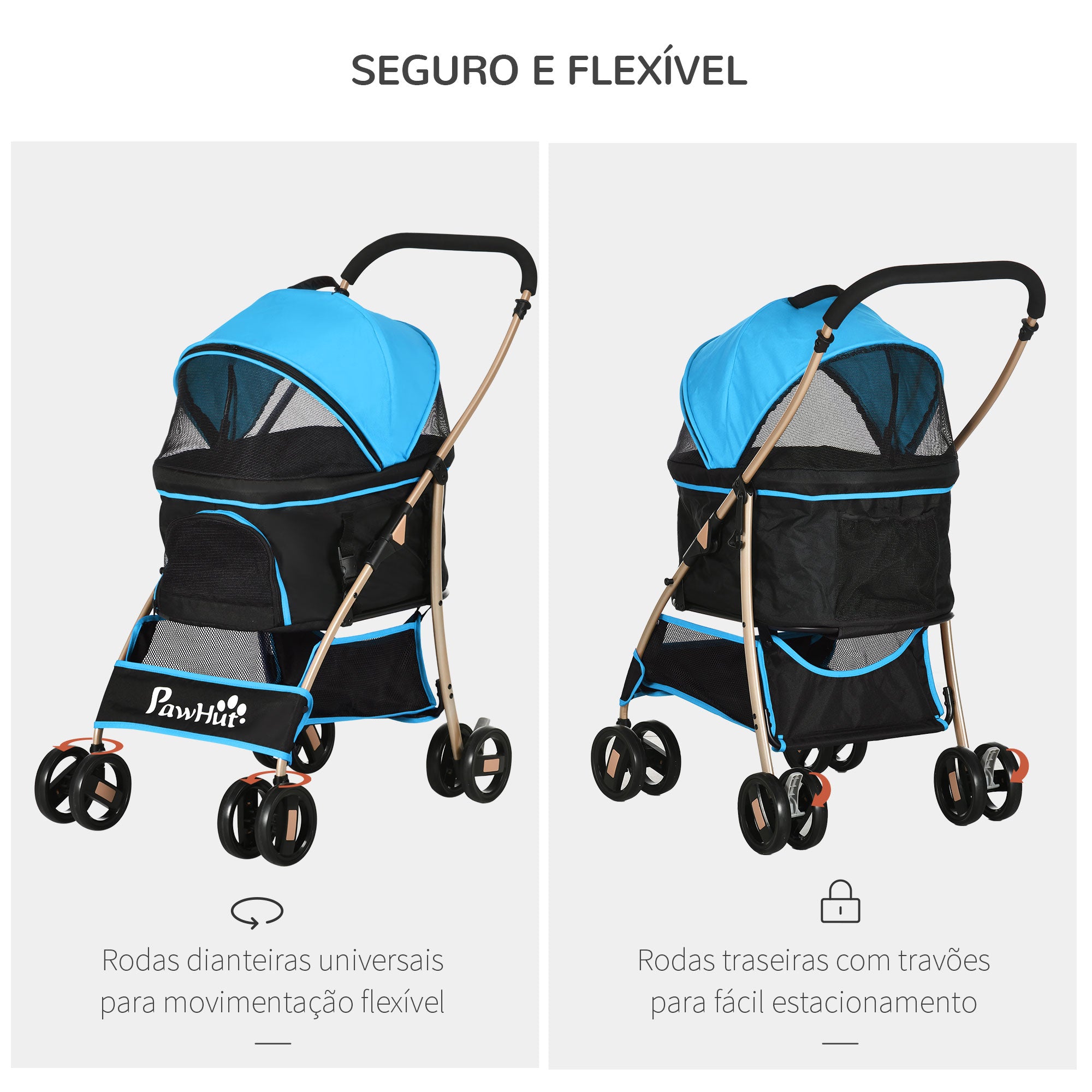 Carrinho para Animais de Estimação 3 em 1 – 82x49,5x98cm – Azul – Aço e Tecido Oxford