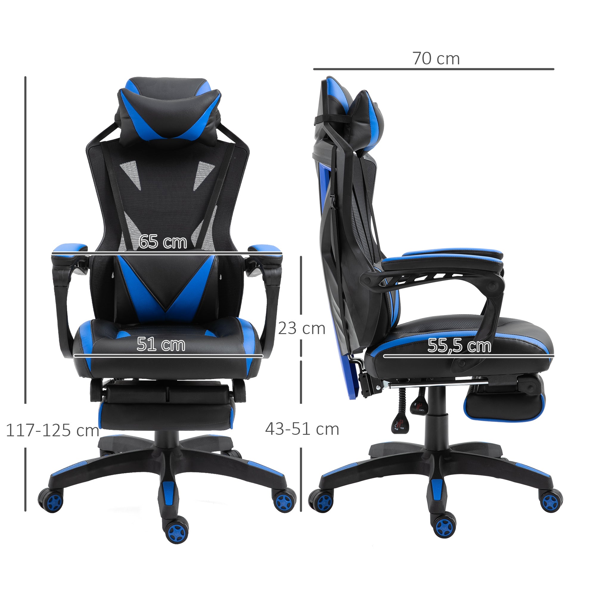 Cadeira Gaming Ergonómica com Encosto Ajustável 65x70x117-125cm Azul