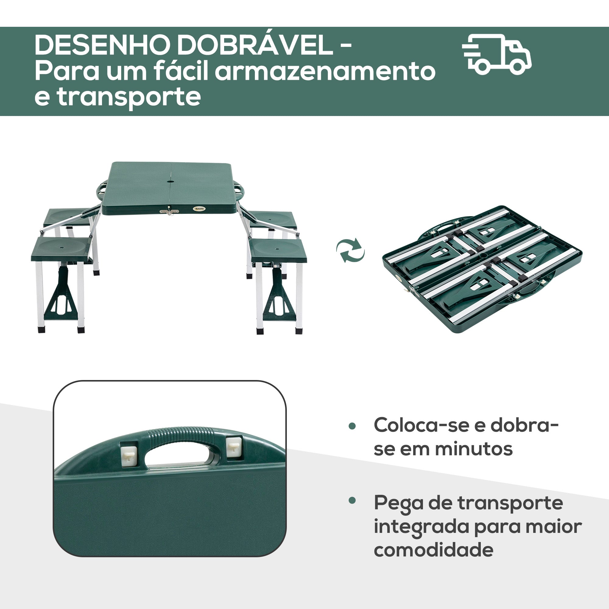 Conjunto de Mesa de Acampamento Dobrável com 4 Cadeiras - Verde 84,5x64,5x66cm