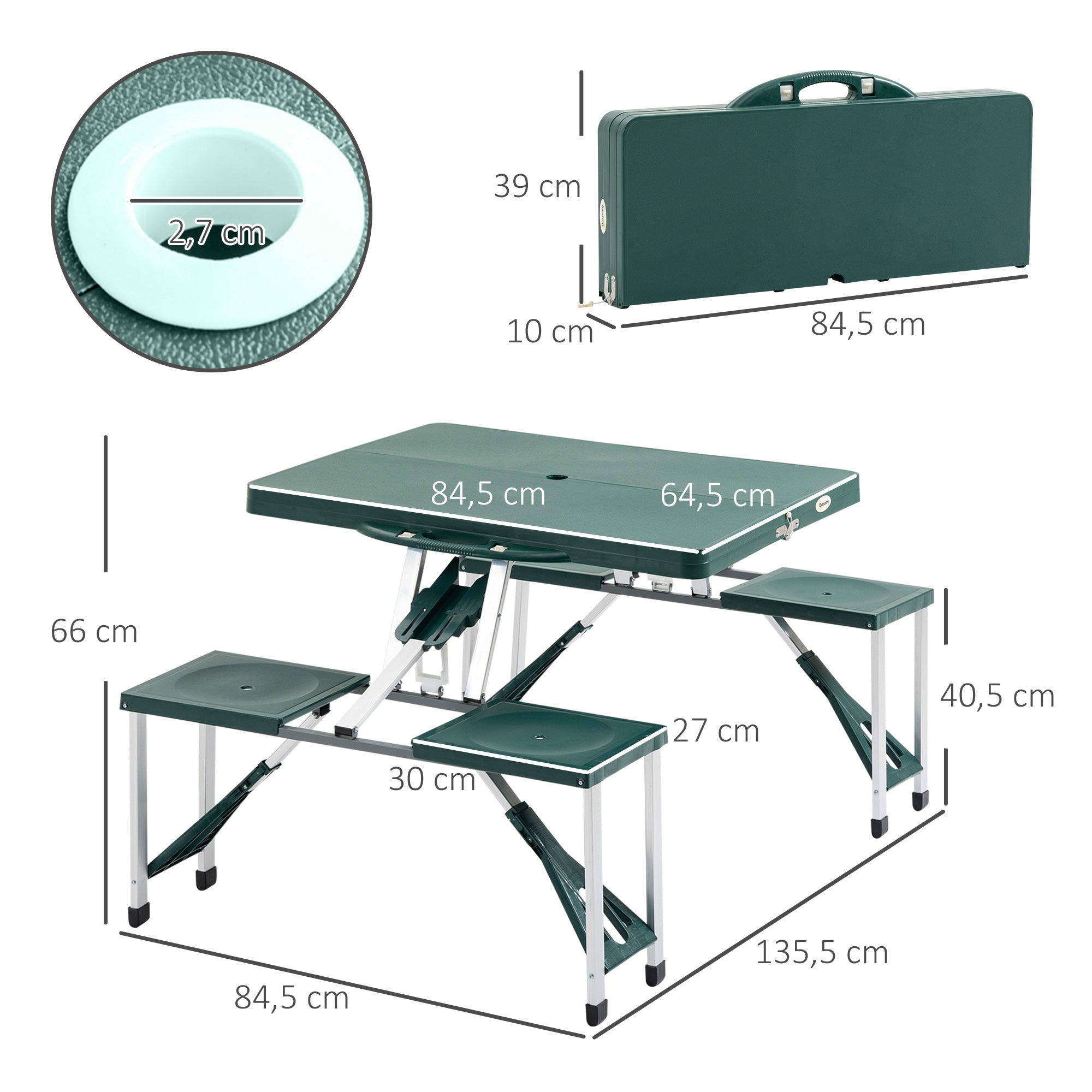 Conjunto de Mesa de Acampamento Dobrável com 4 Cadeiras - Verde 84,5x64,5x66cm