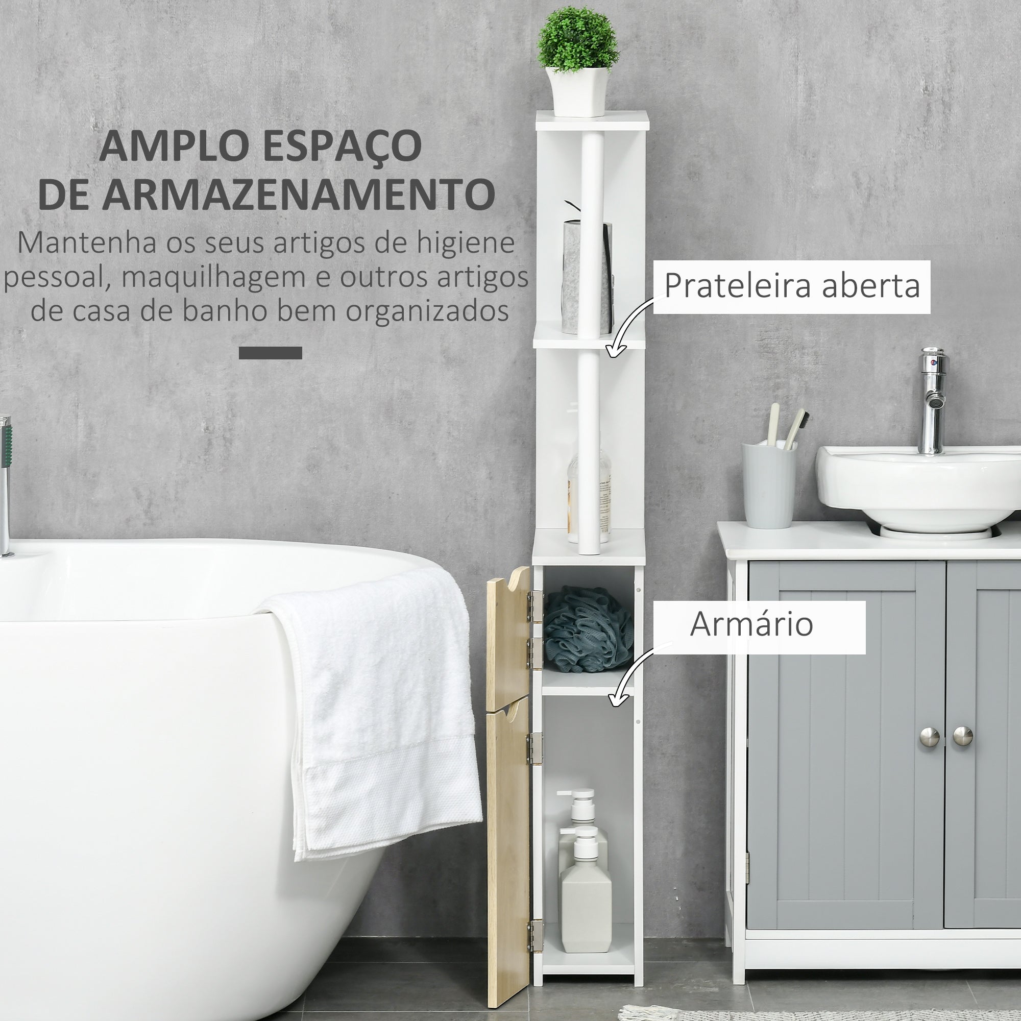 Coluna de Casa de Banho Moderna – 15,2x29,8x118cm – Branco e Madeira