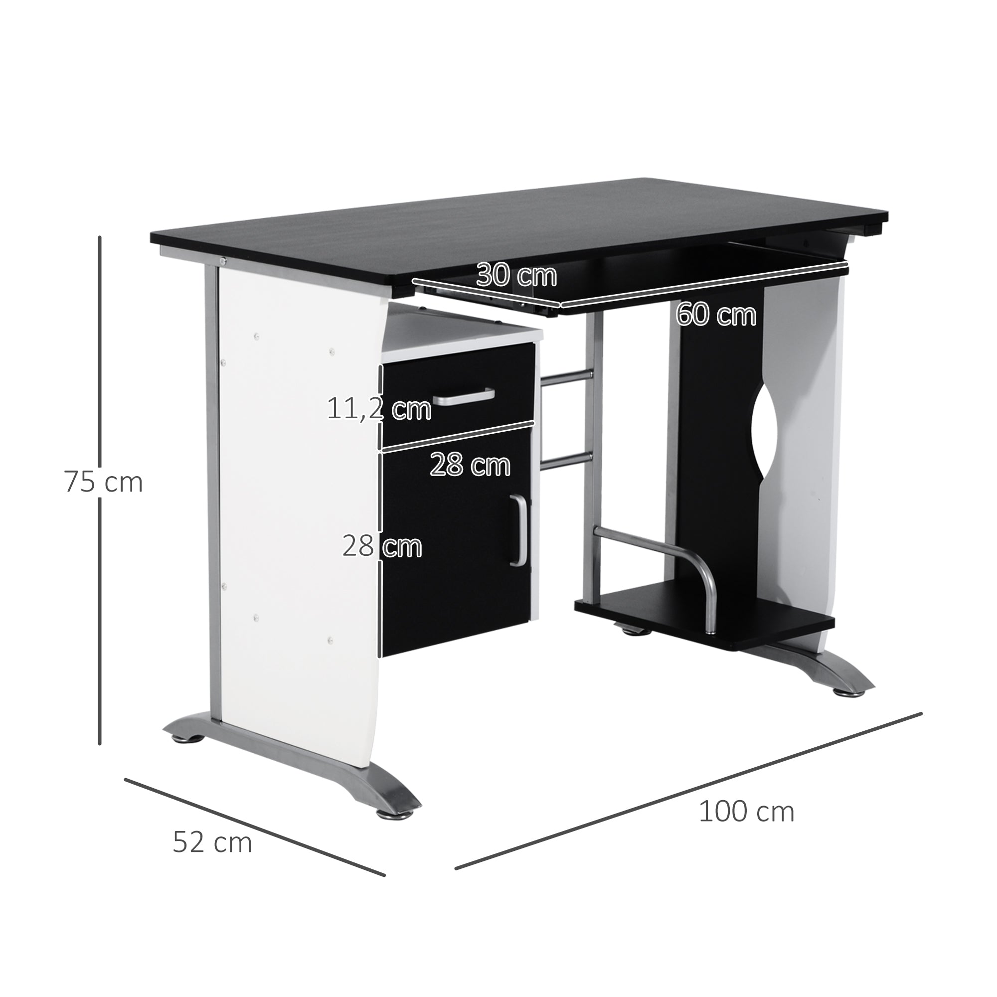 Mesa para Computador com Gaveta e Suporte para CPU 100x52x75cm - Branco e Preto