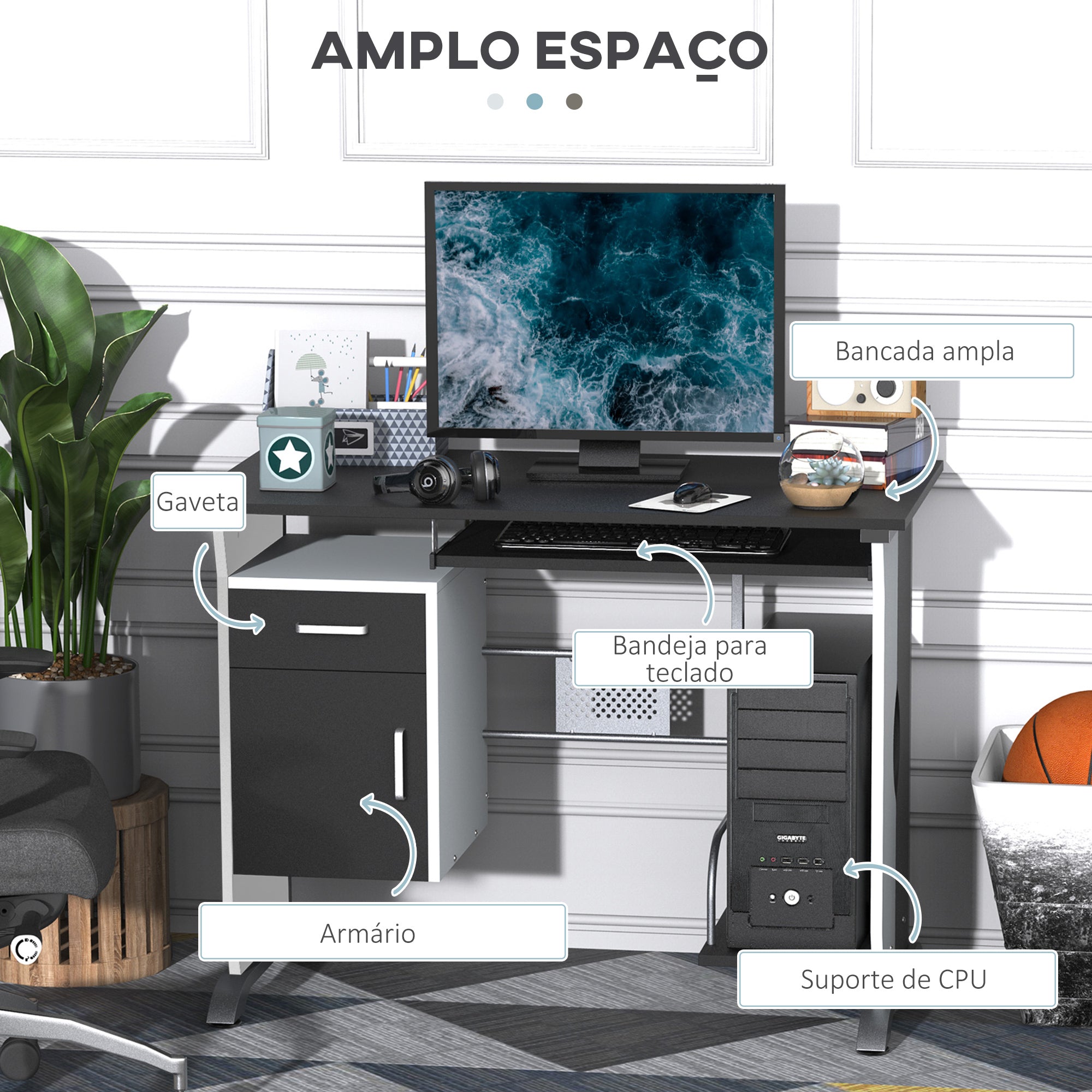 Mesa para Computador com Gaveta e Suporte para CPU 100x52x75cm - Branco e Preto