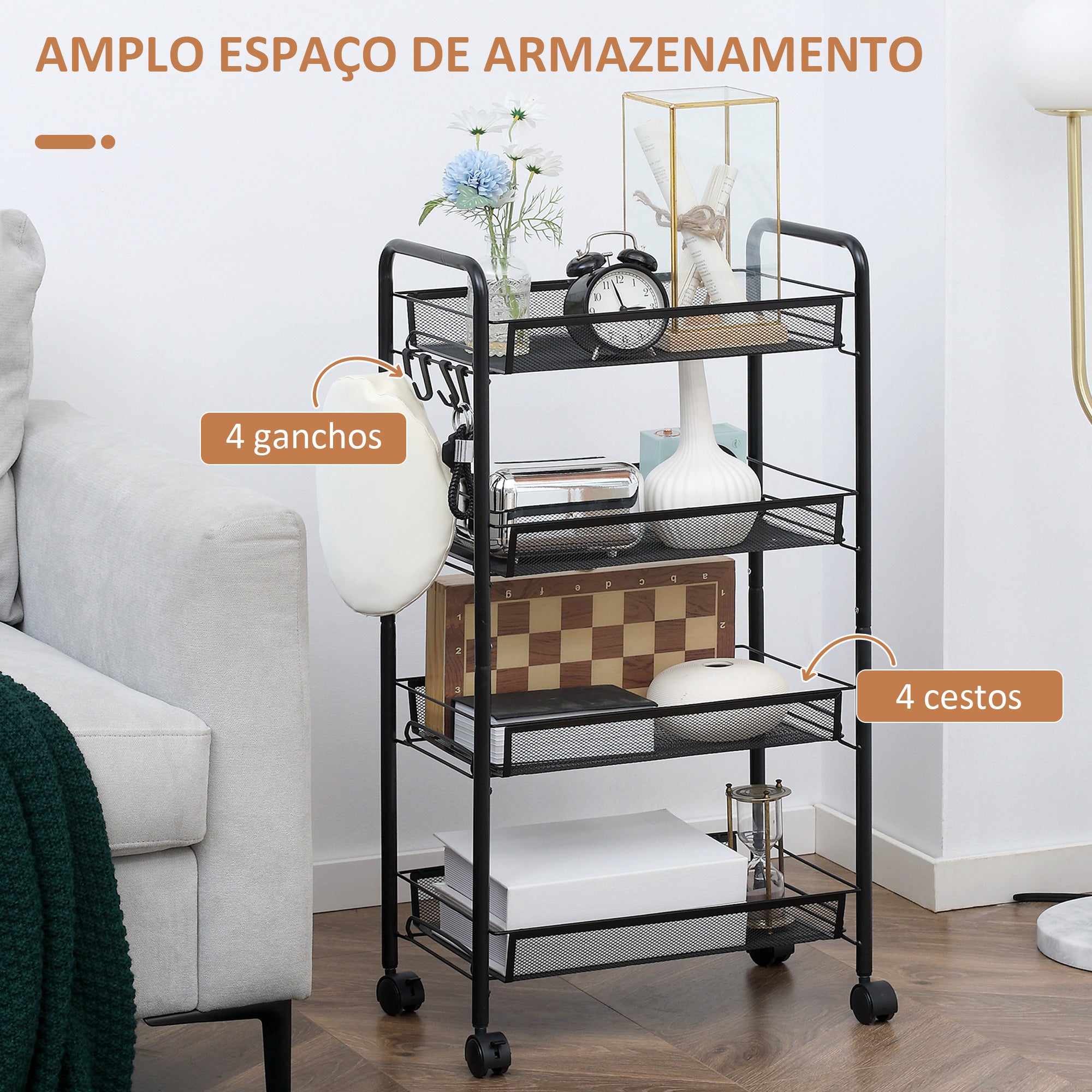 Carrinho de Cozinha 4 Níveis – 45x26,5x84 cm – Preto – Aço e Plástico PP