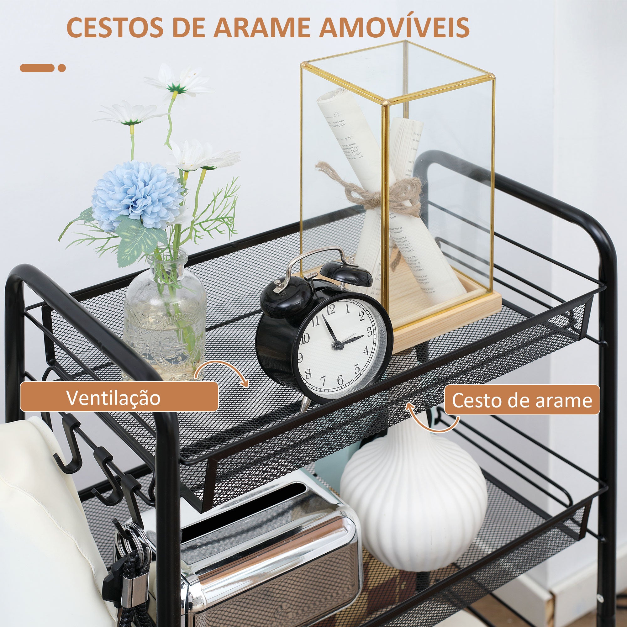 Carrinho de Cozinha 4 Níveis – 45x26,5x84 cm – Preto – Aço e Plástico PP