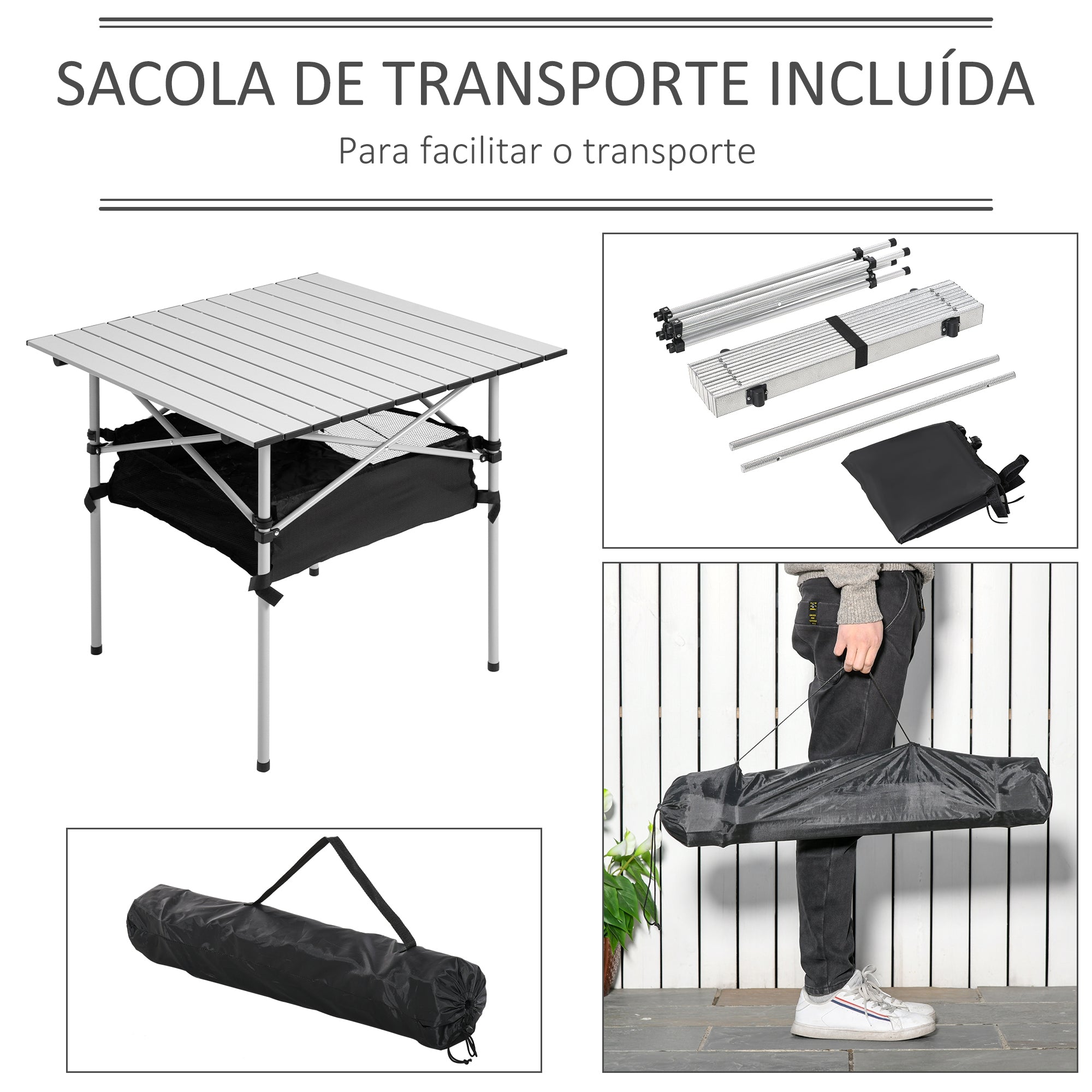 Mesa de Campismo Dobrável 70x70x69 cm Prata e Preto