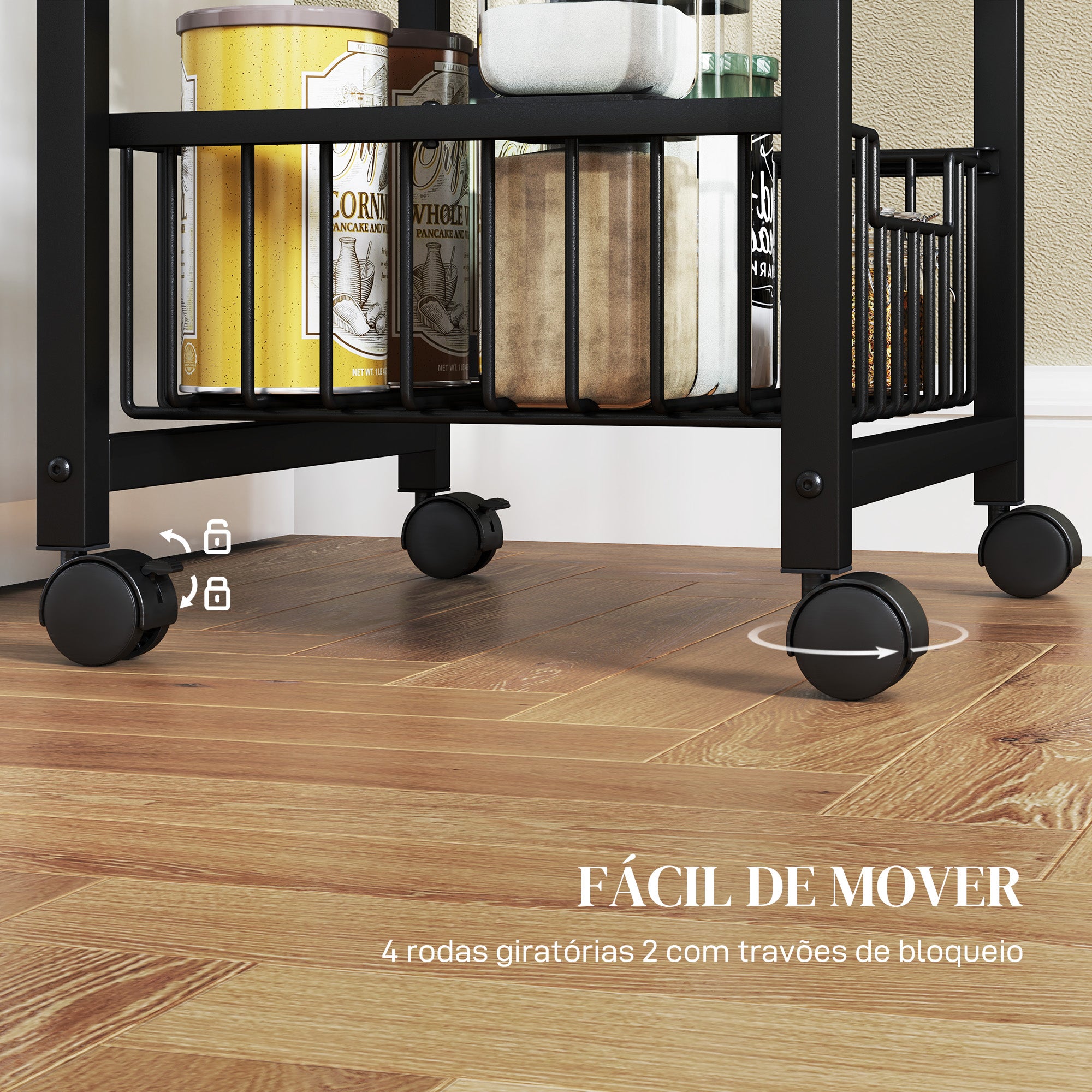 Carrinho de Cozinha com 4 Cestas – 49,5x31x91 cm – Cinza Claro – Aço e MDF