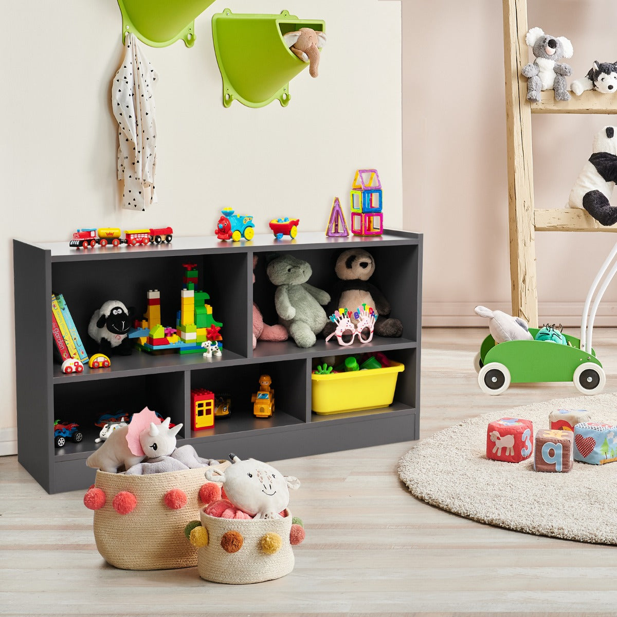 Estante para Crianças e Organizador de Brinquedos Móvel de 5 Cubos para Brinquedos Bonecas Livros Estante de Madeira com 5 Compartimentos Cinzento