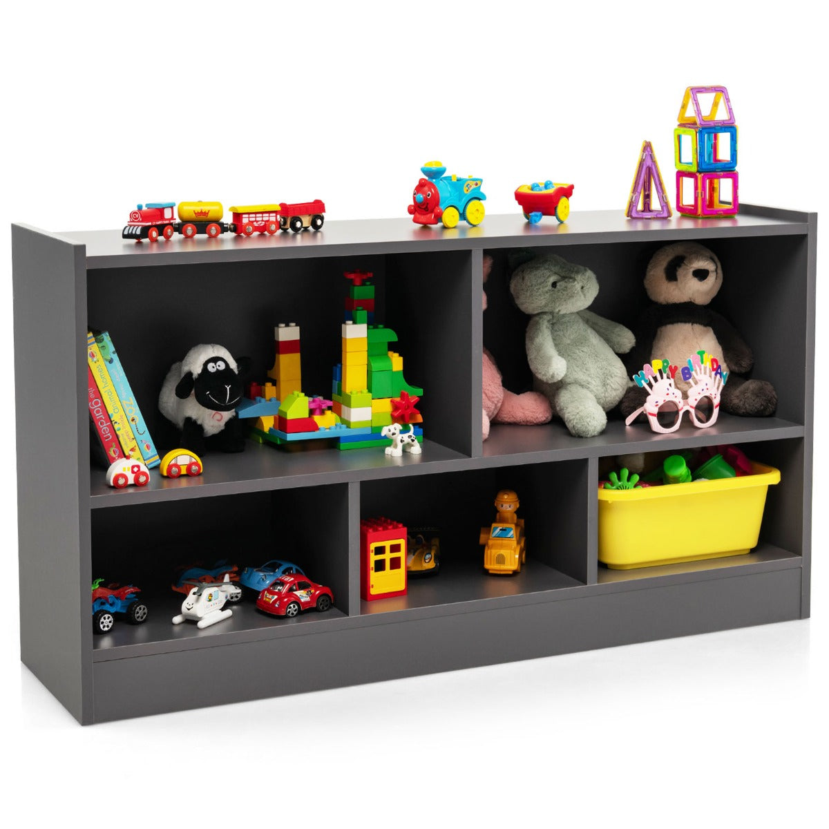 Estante para Crianças e Organizador de Brinquedos Móvel de 5 Cubos para Brinquedos Bonecas Livros Estante de Madeira com 5 Compartimentos Cinzento