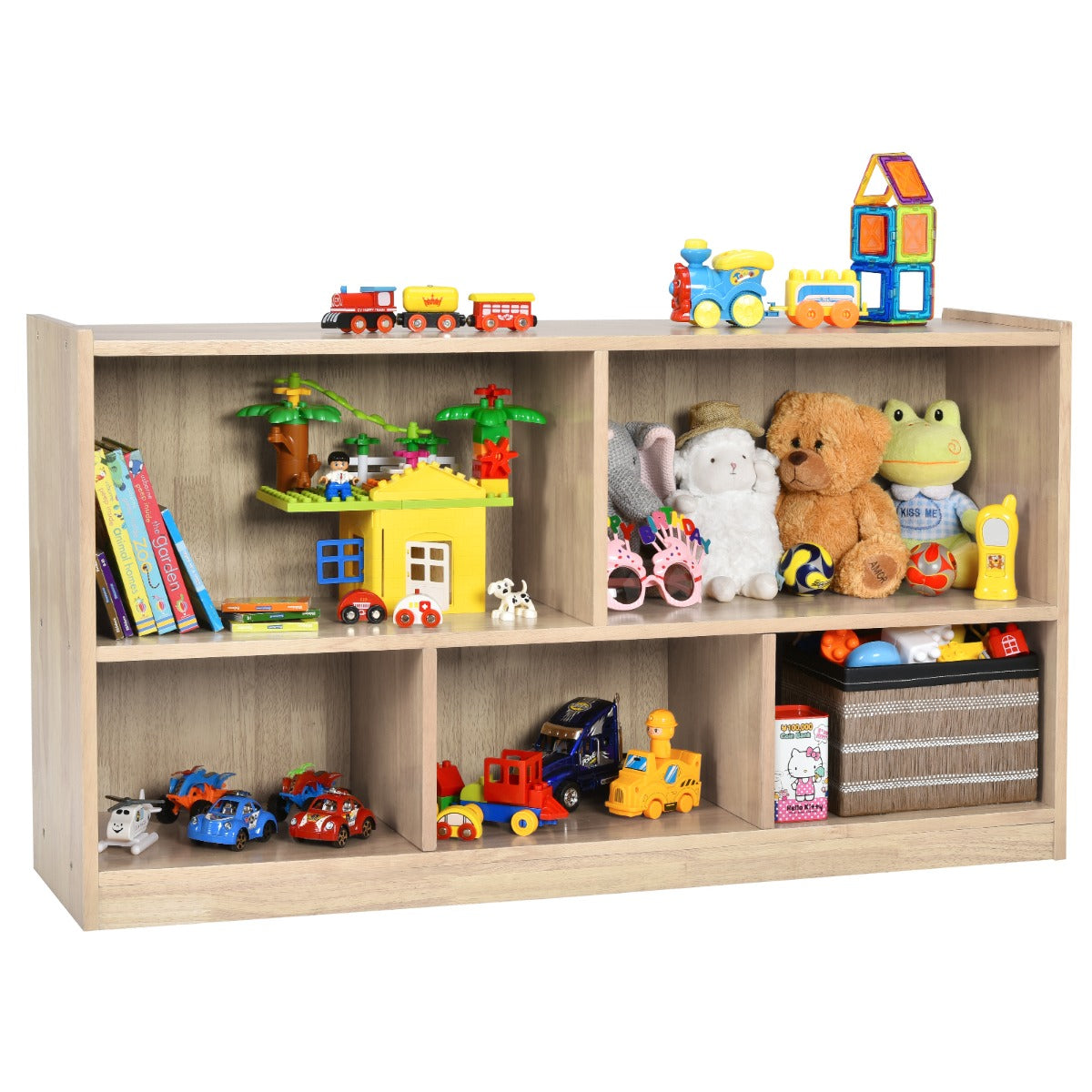 Estante para Crianças e Organizador de Brinquedos Móvel de 5 Cubos para Brinquedos Bonecas Livros Estante de Madeira com 5 Compartimentos Natural