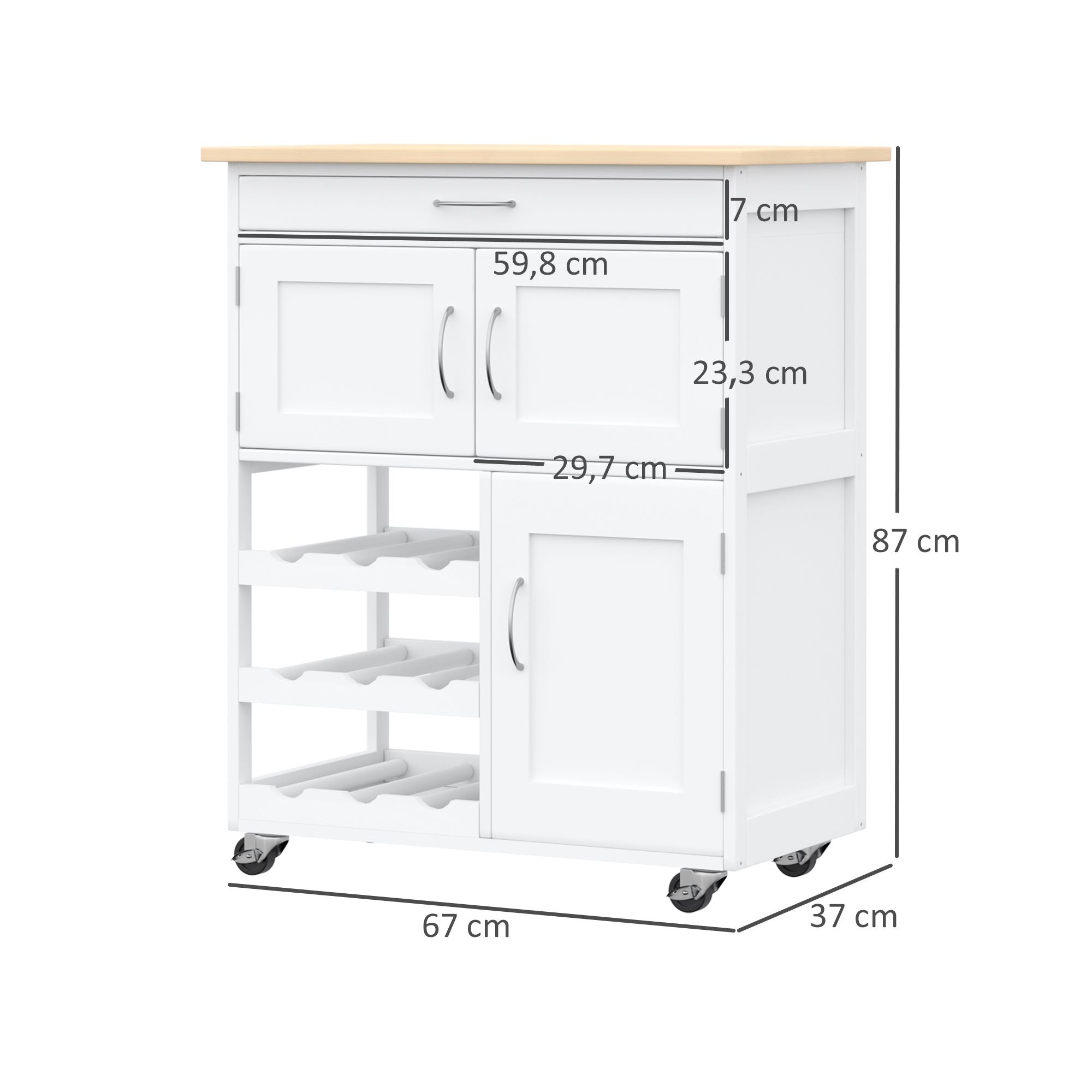 Carrinho de Cozinha com Rodas e Gaveta – 67x37x87 cm – Branco – MDF e Madeira de Borracha