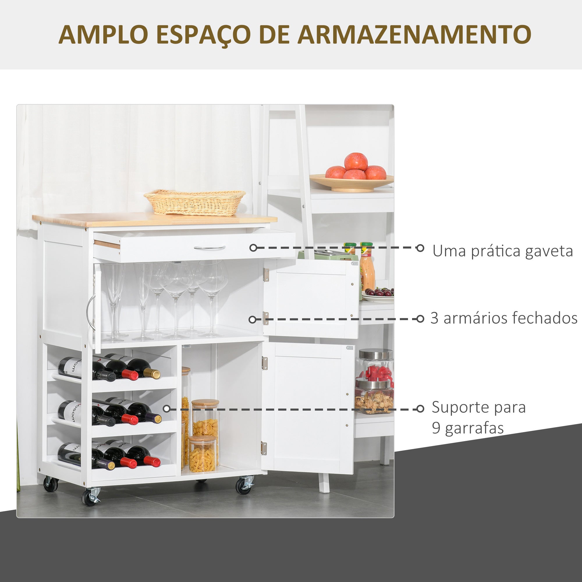 Carrinho de Cozinha com Rodas e Gaveta – 67x37x87 cm – Branco – MDF e Madeira de Borracha