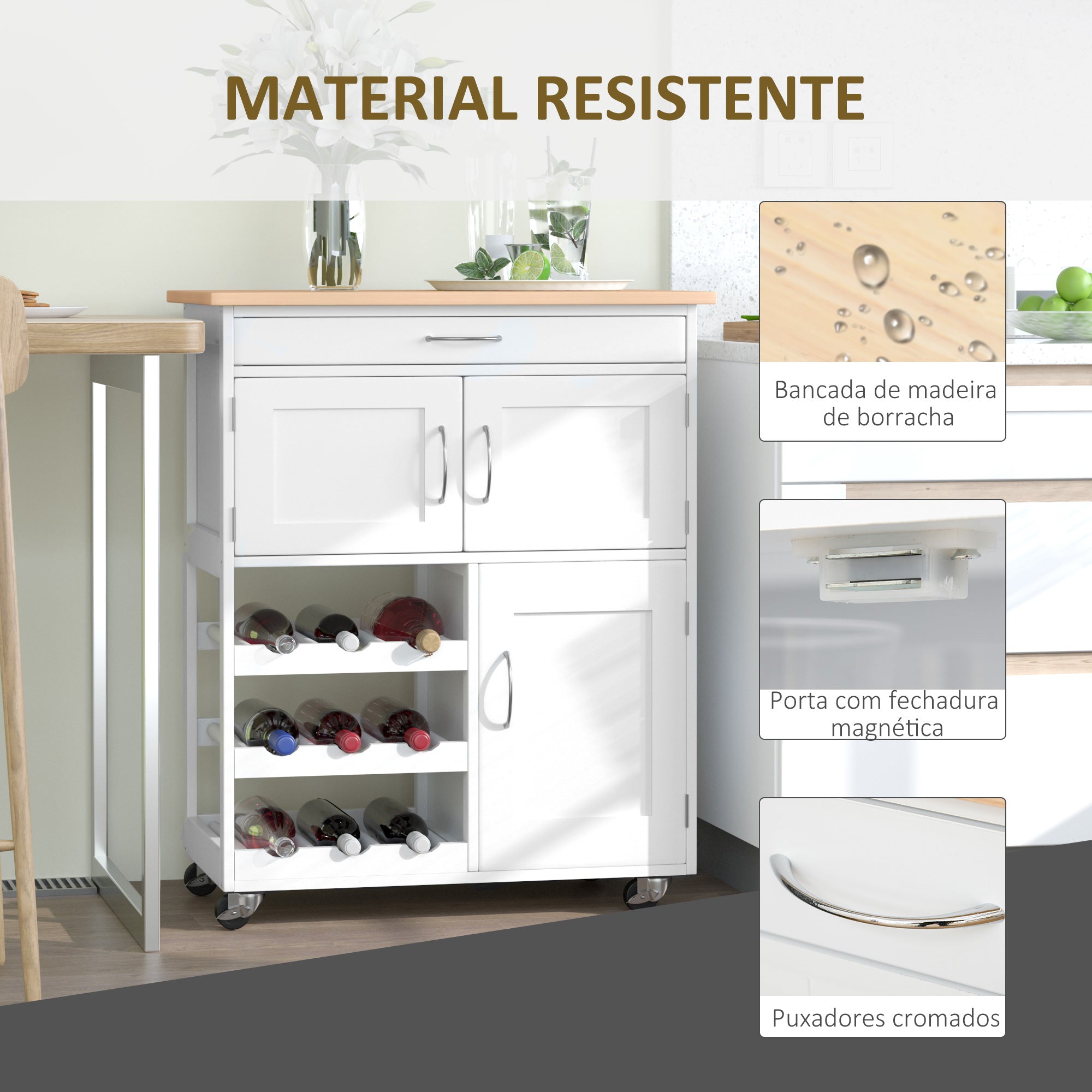 Carrinho de Cozinha com Rodas e Gaveta – 67x37x87 cm – Branco – MDF e Madeira de Borracha