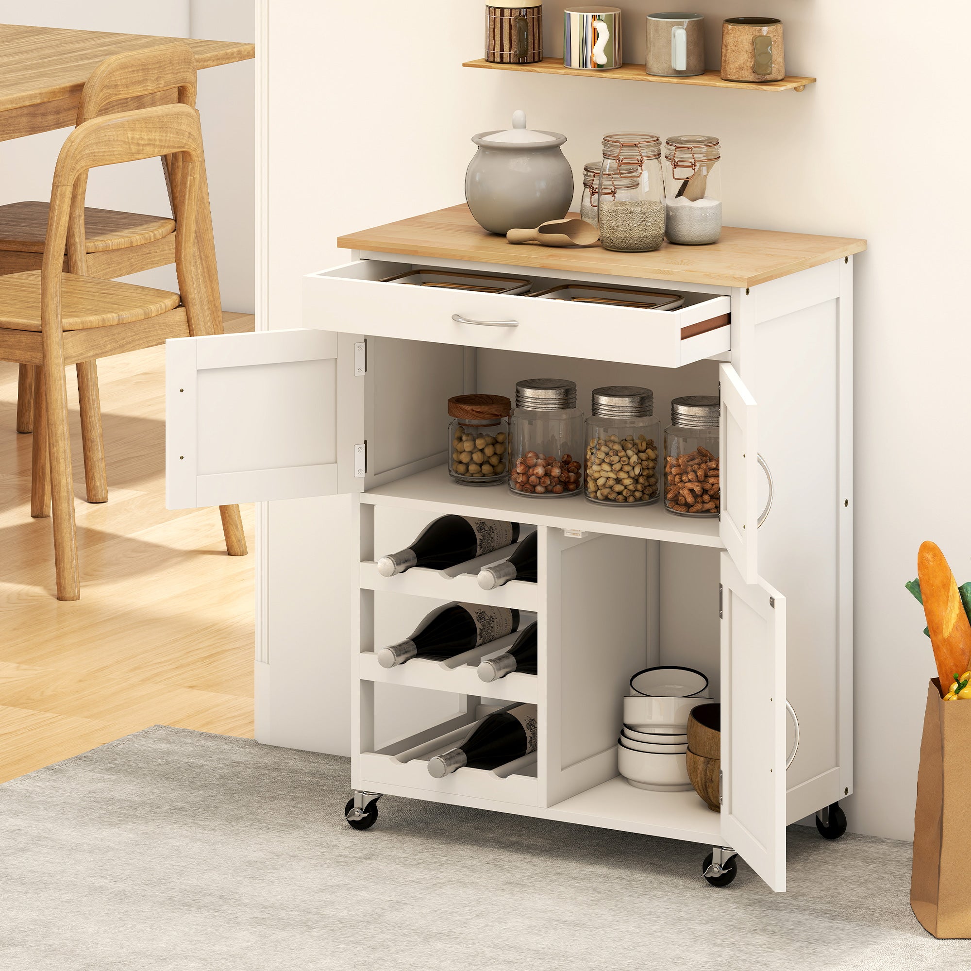 Carrinho de Cozinha com Rodas e Gaveta – 67x37x87 cm – Branco – MDF e Madeira de Borracha