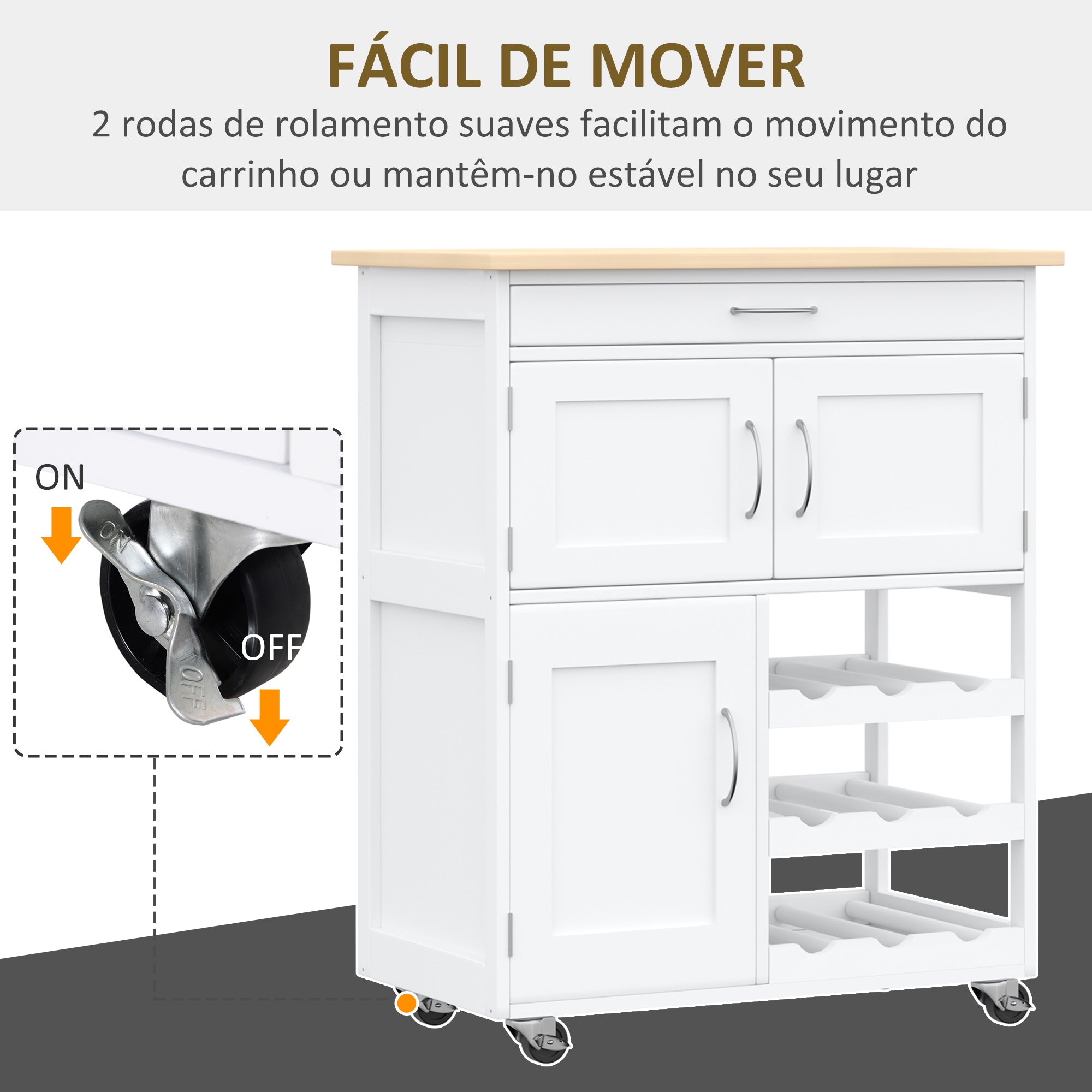 Carrinho de Cozinha com Rodas e Gaveta – 67x37x87 cm – Branco – MDF e Madeira de Borracha