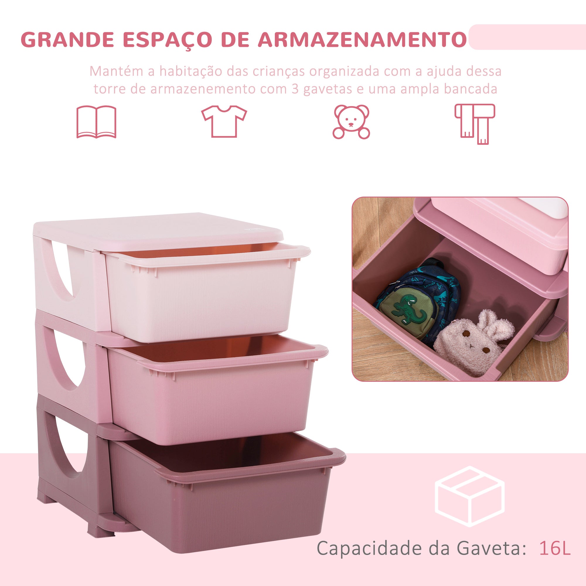 Organizador de Brinquedos para Crianças 37x37x56,5cm - Cor Rosa