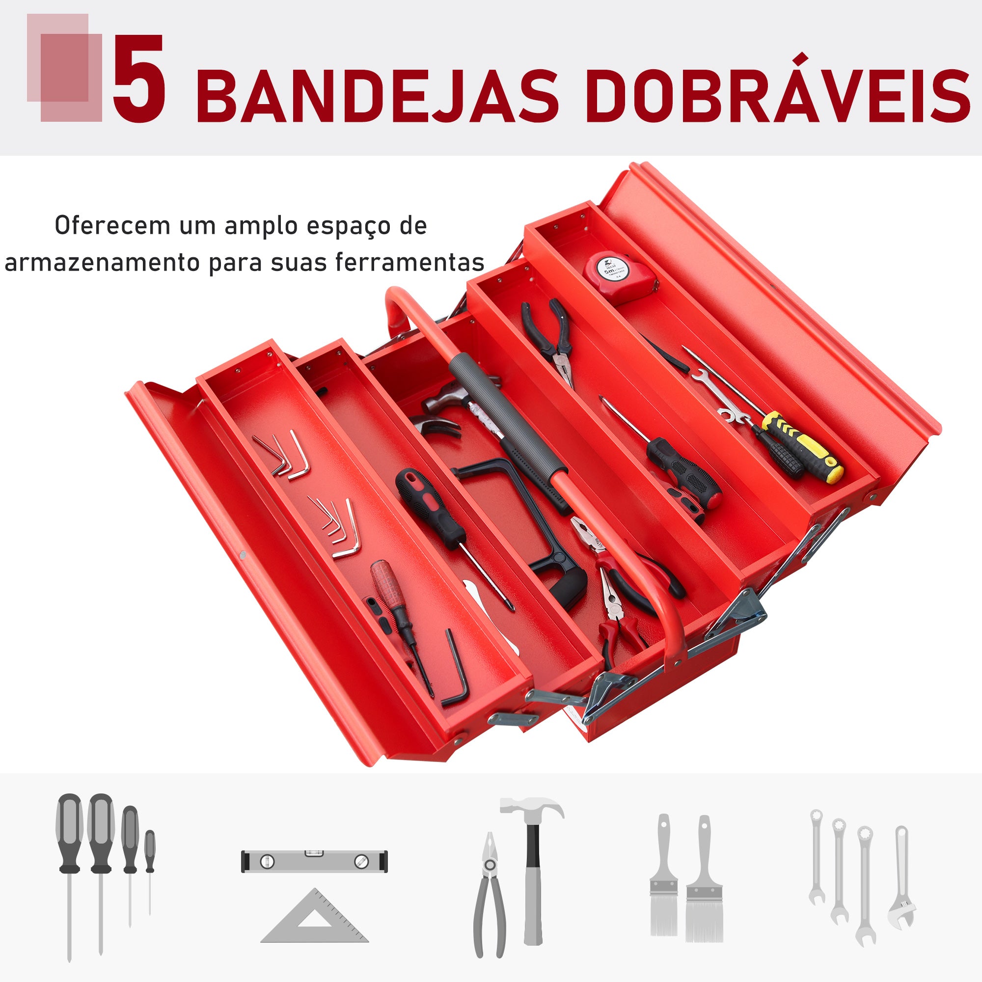 Caixa de Ferramentas de Aço Vermelho 57x21x41cm - Organizador Portátil para Bricolagem