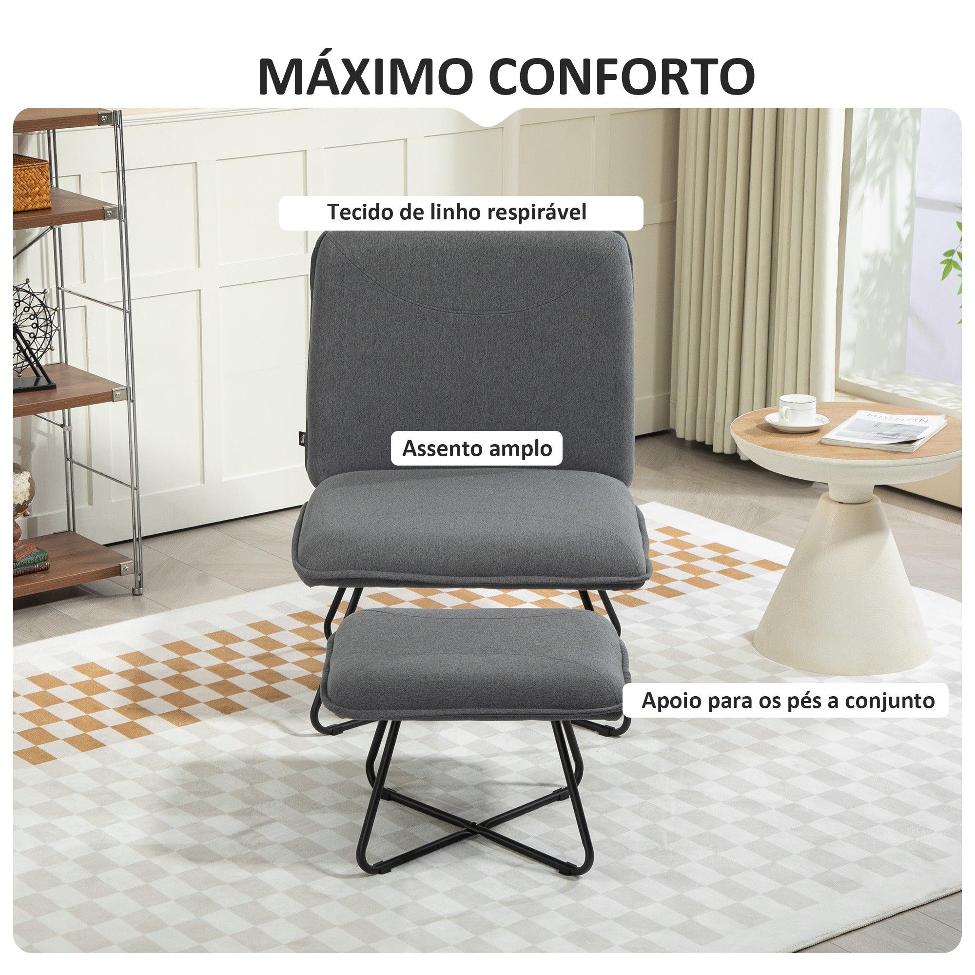 Poltrona – 68x81x89 cm – Cinza Escuro – Tecido tipo linho
