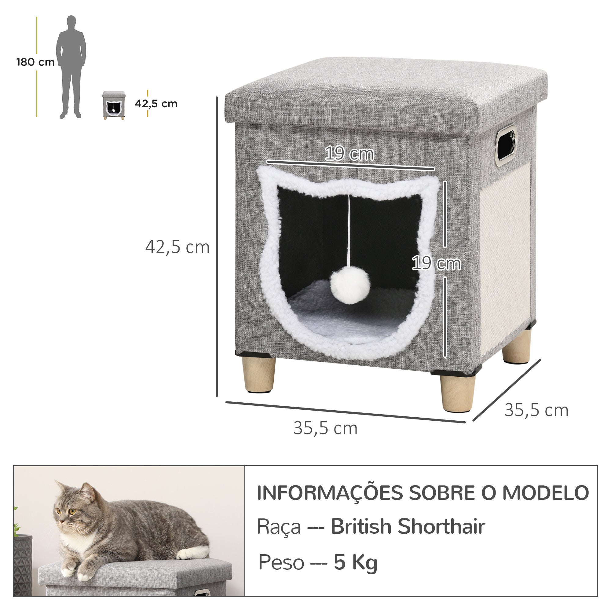 Cama Caverna para Gatos 2 em 1 – 35,5x35,5x42,5 cm – Cinzenta – MDF