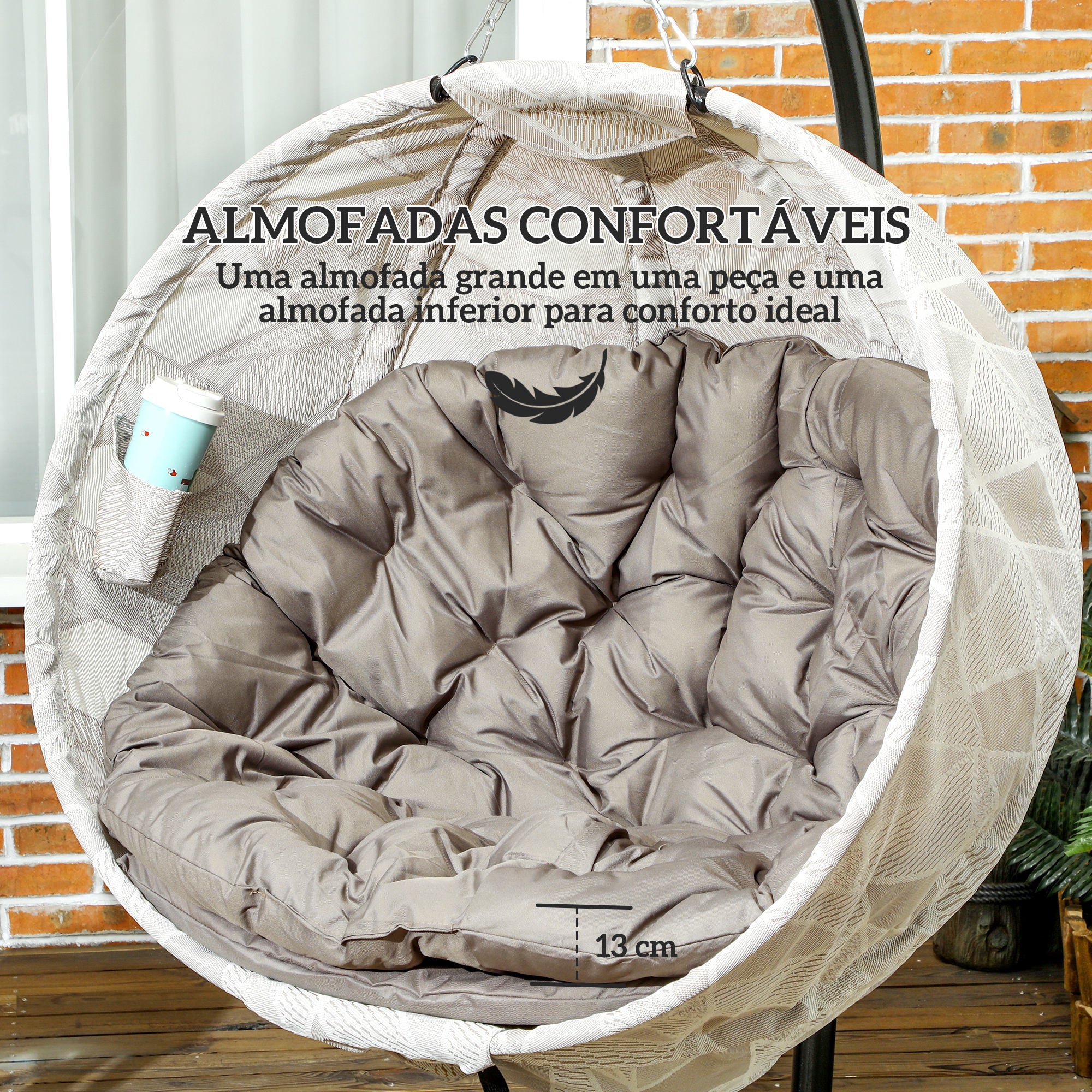 Cadeira Suspensa Marrom 106x114x178 cm com Almofada e Suporte para Copos